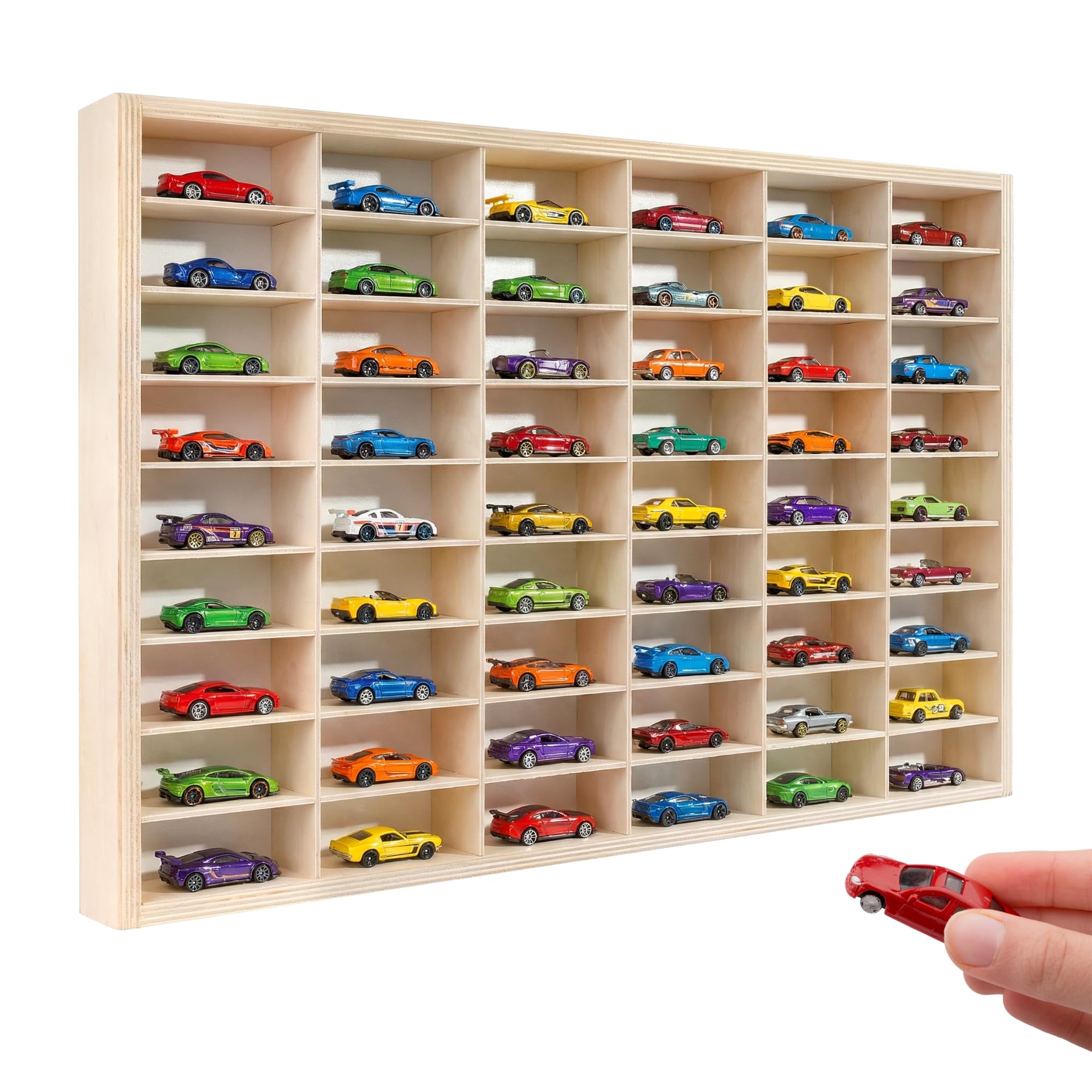 Creative Deco Étagère de Collection en Bois pour Petites Voitures – 54 Compartiments Réglables | 60 x 40 x 5,5 cm | Contreplaqué Naturel | Étagère Murale Verticale pour Figurines