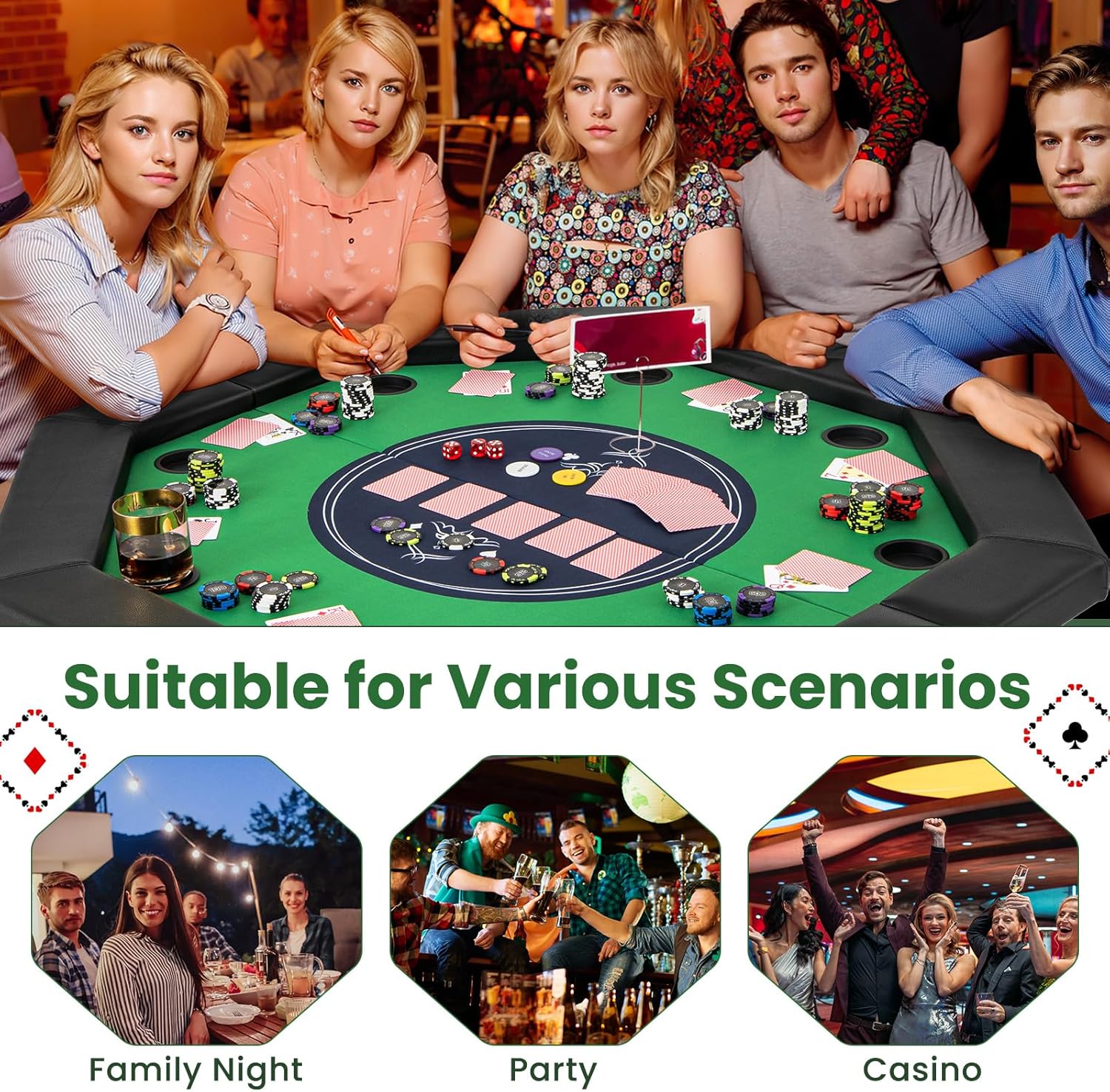 Giantex 48" Poker Table Foldable - 8 Player Octagon Texas Holdem Poker Tables w/ 8 Cup Holders, Casino-Grade Felt Surface, Padded Rails, Portable Folding Card Game Table for Blackjack (Green+Black)