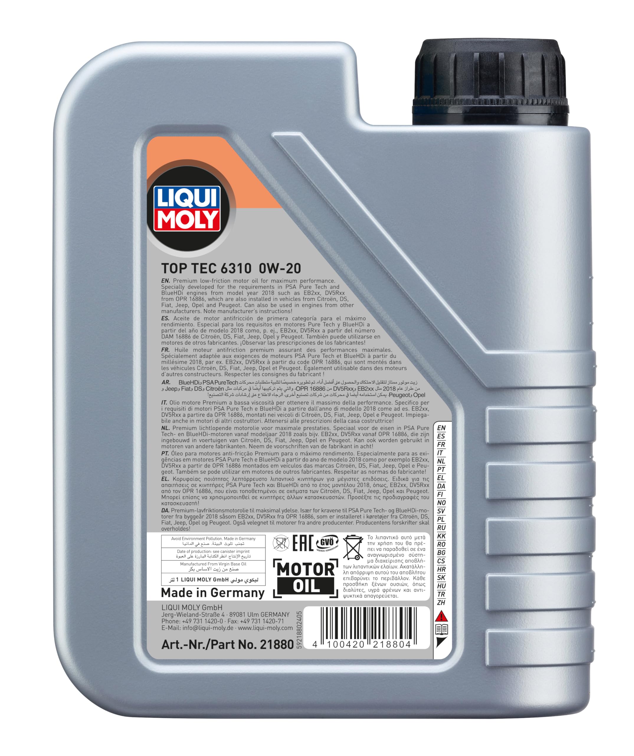LIQUI MOLY | Top Tec 6310 0W-20 | 1 L | Oli motore | Pieno sintetico avanzato | SKU: 21880