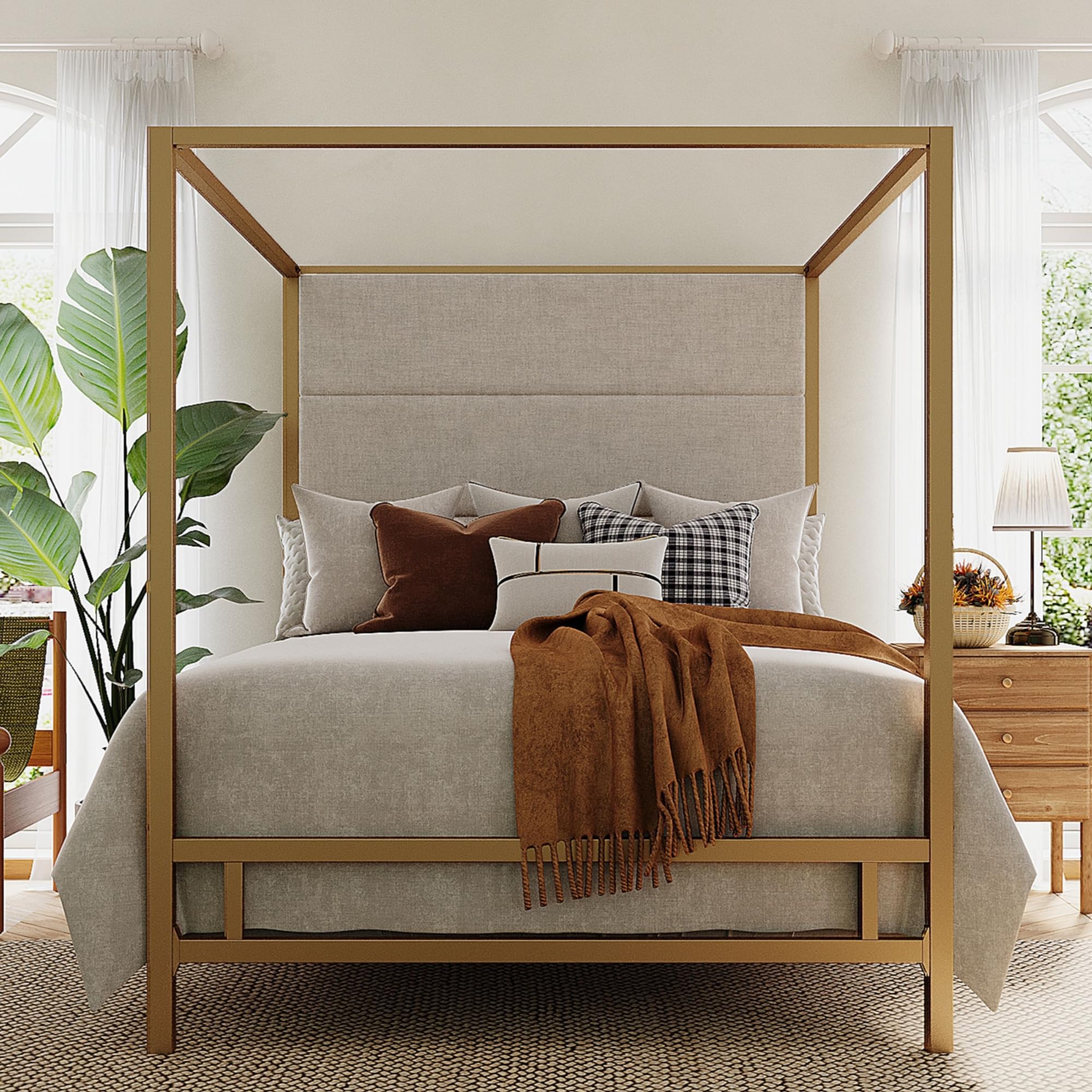 Merax Queen Size Gold Metal Canopy Bed Frame Modern Upholstered Linen Headboard with Tall Back Support 800 lbs