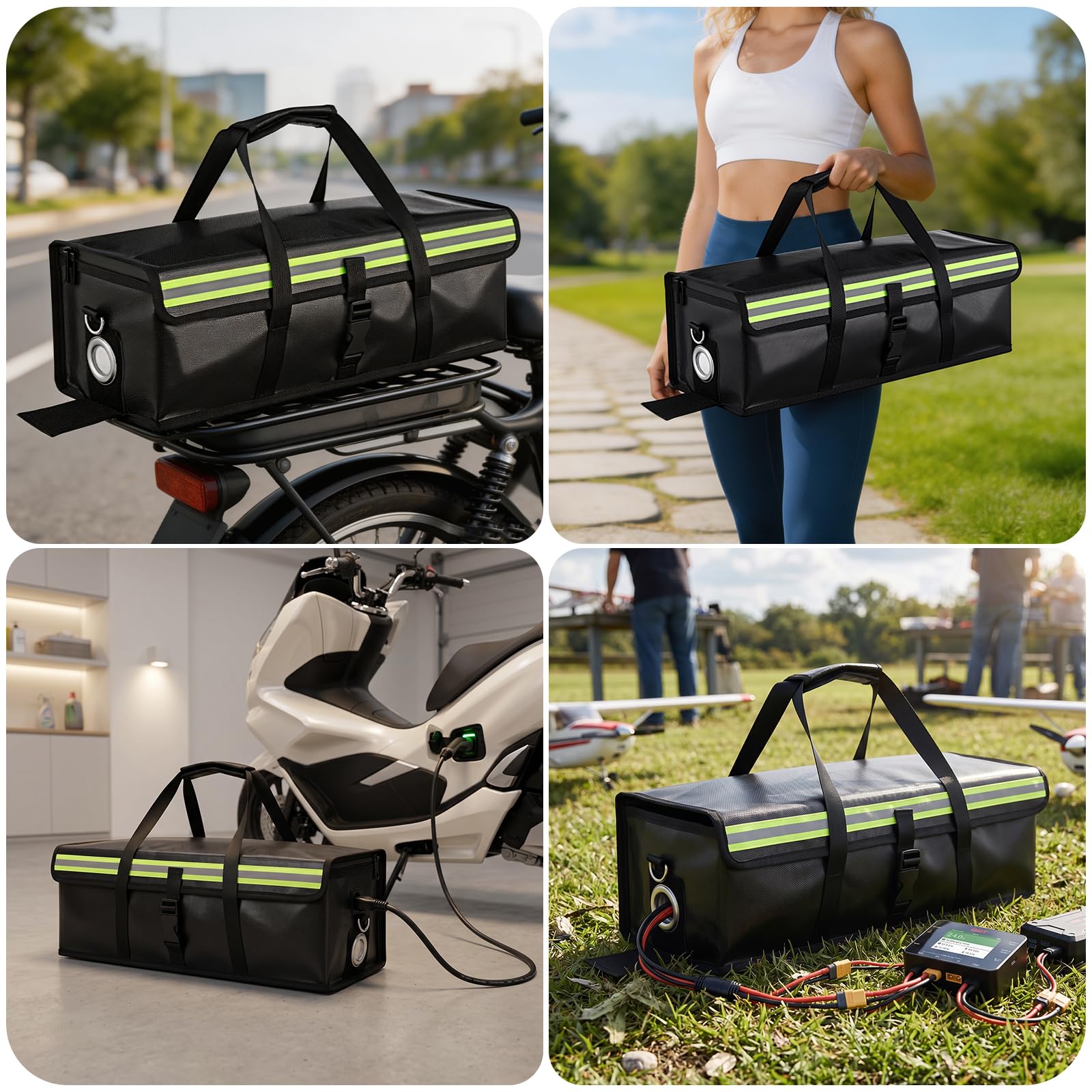 2 scatole ignifughe per batteria della bicicletta, con apertura di ricarica, strisce catarifrangenti, antiscivolo, ignifugo per batterie, sicurezza su cassetta per denaro ignifuga