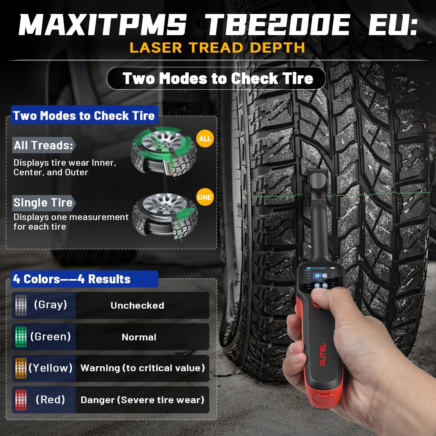 Autel MaxiTPMS TBE200E EU Examen Banda Rodadura Neumáticos para Automóviles: Mejor Herramienta Análisis Desgaste Desigual con Láser 2026, Actualización de TBE100, Cámara Dual, Alta Precisión 0.1 mm