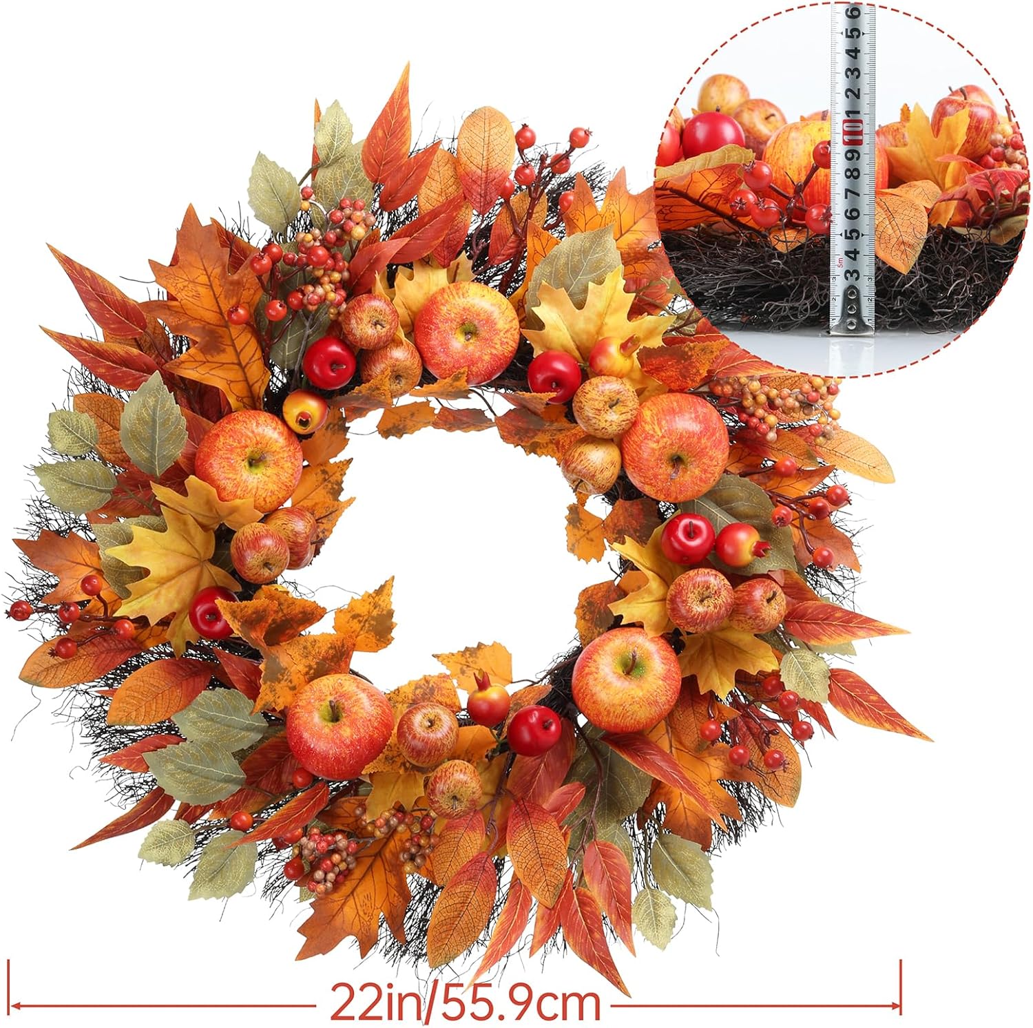 Fall Wreaths for Front Door .22"-24" Autumn Harvest Festival Wreath with Realistic Apples, Berries, Pomegranates & Maple Leaves - Seasonal Thanksgiving & Fall Decor