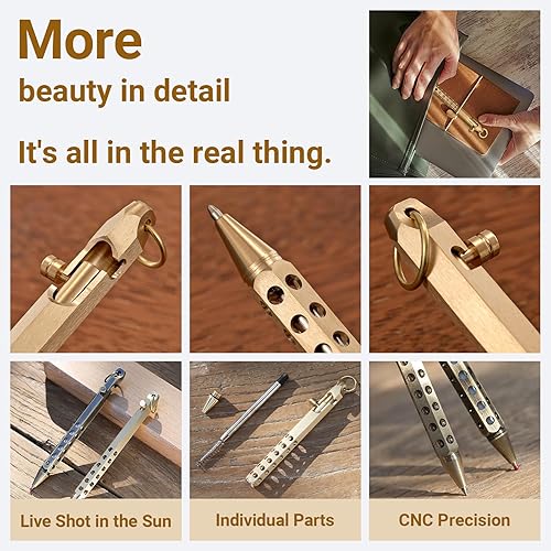 Miniatura 7 de Origin-Joy Juego de 1 bolígrafo de acción de pernos seis bordes de latón macizo EDC con 10 repuestos de bolígrafo negro retro
