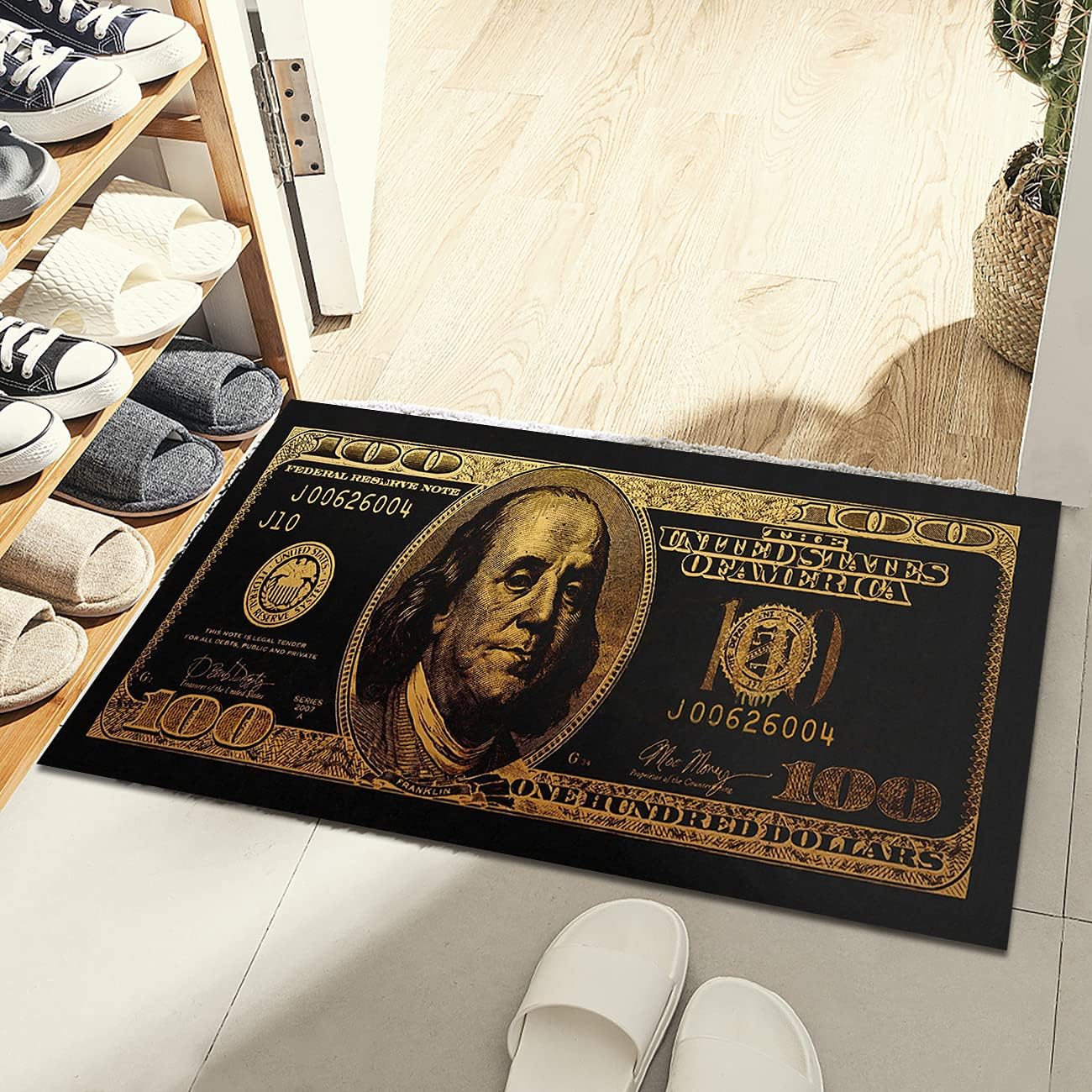 GUBIYU Black Bathroom Rug Runner - Money Bills Design, Non-Slip, Water Absorption, Modern Style, Black & Gold - 24" x 36"