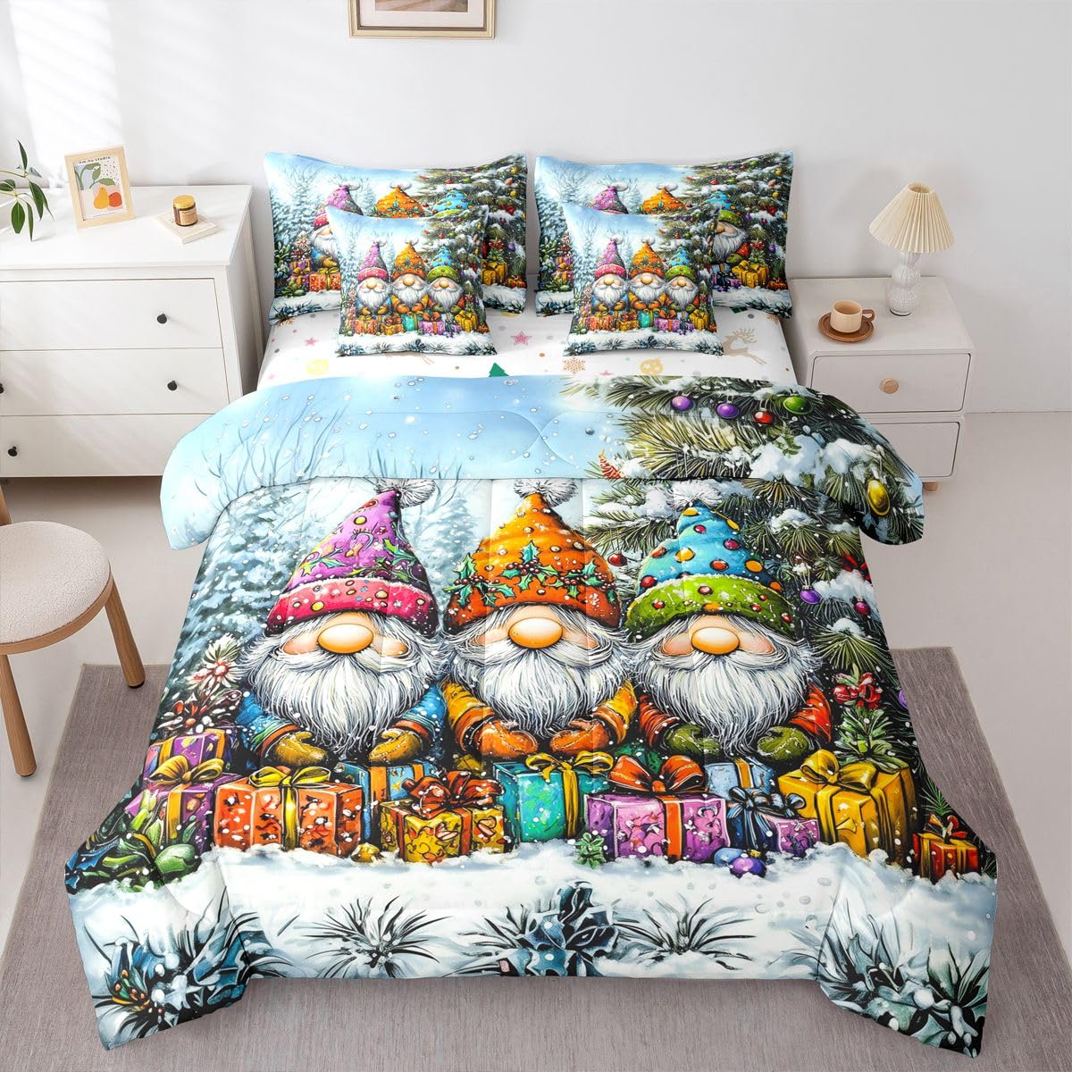 Lovely Santa Gnome Comforter Set 7 PCS,Xmas Themed Gifts Bed Set for Girls Kids Adults,Rustic Christmas Tree Bed in a Bag Bedding Set with Comforter,Sheet Set,Pillowcases,Pillow Covers,King