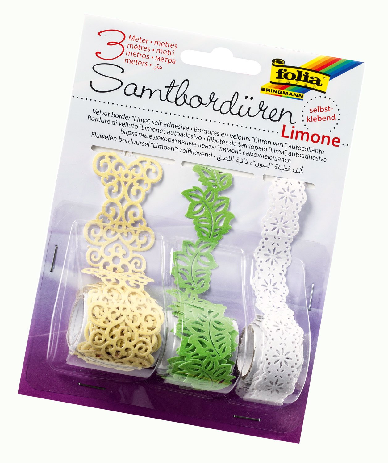 folia 12705 Velvet Border Lime Self-Adhesive 3 Rolls Assorted Colours Ideal for Decorating Home Accessories, Crafts and Cards