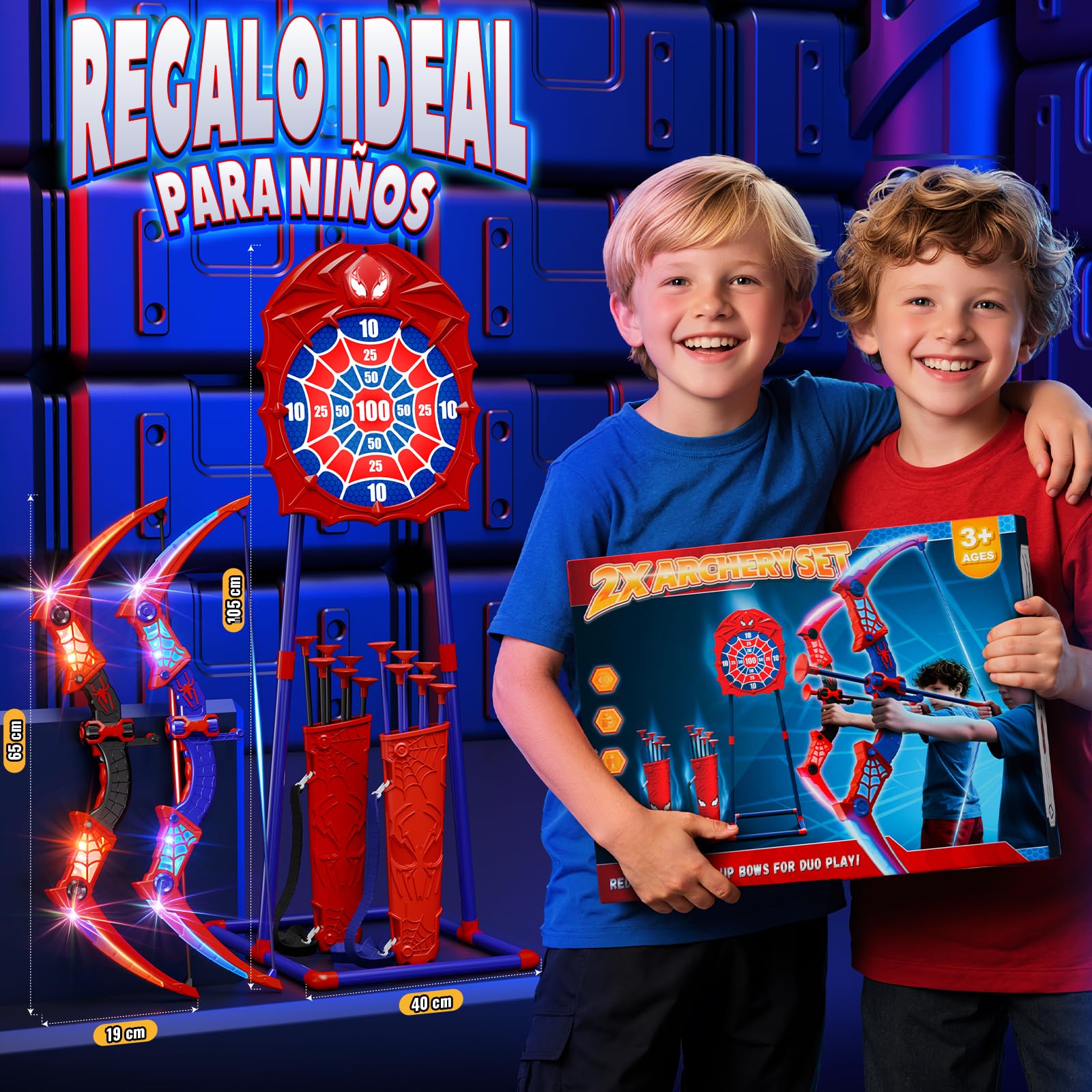 Kidluna Juguetes Niños 3 4 5 6 7 8 9 10 Años, 2 ArcoFlecha con Luces LED Rojas & Azules, 2 Carcaj, Diana Telaraña, Juegos Exterior Niños 3-10, Regalos Cumpleaños para Niños de 3-12 Años