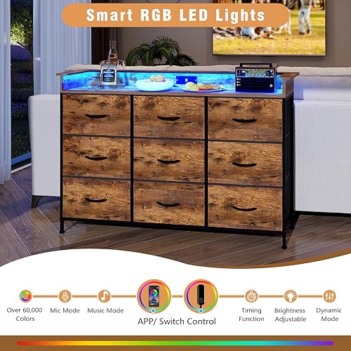 Miniatura 4 de EXOTICA Cómoda industrial para dormitorio con estación de carga y luz LED, cómoda de almacenamiento de tela con 9 cajones de tela, cómoda para