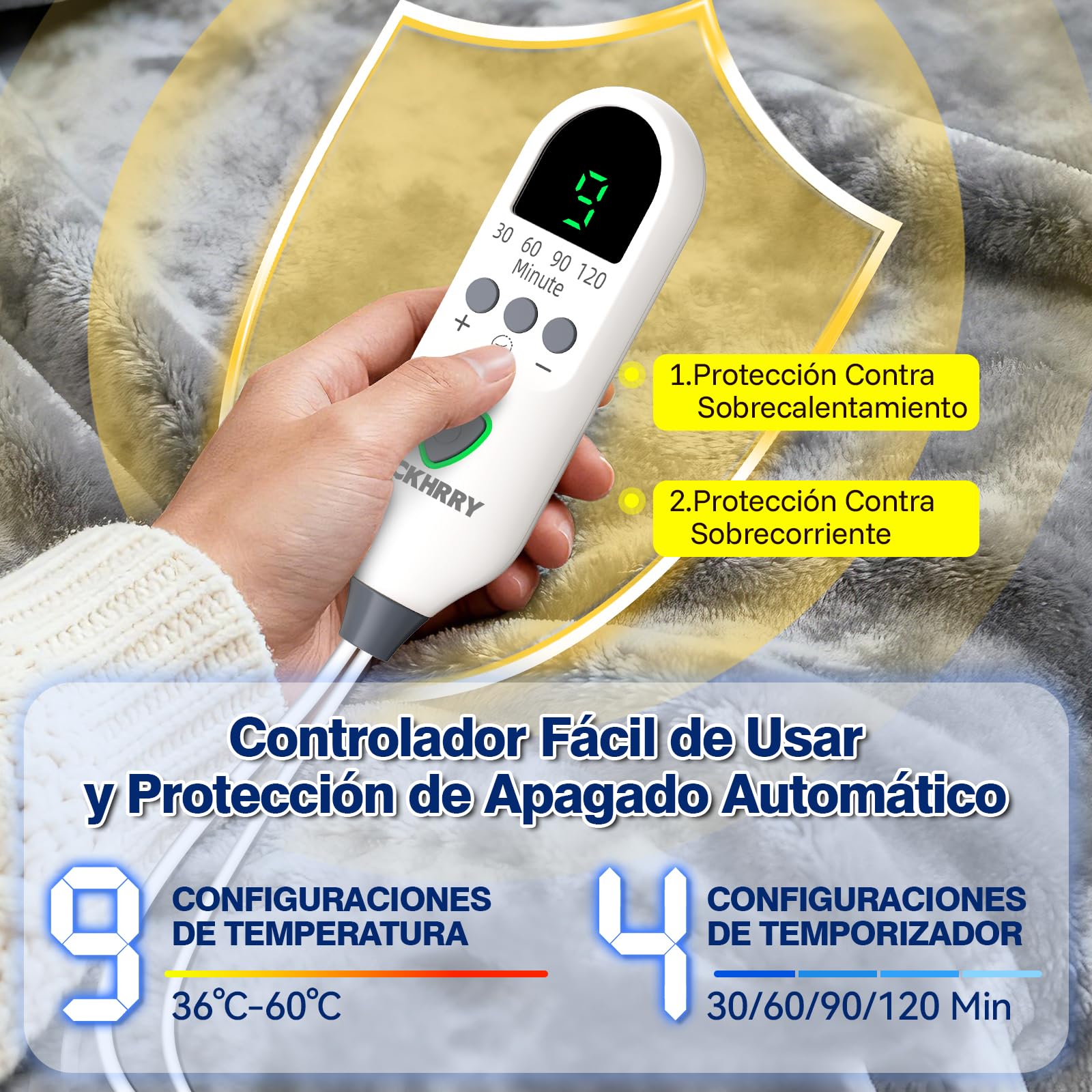 Almohadilla Térmica Eléctrica la Espalda y Cuello 60×100cm, 9 Niveles de Calor, 4 Temporizador, Manta Electrica con Apagado Automático, Calentamiento Rápido, Franela, Lavable Oficina y Hogar