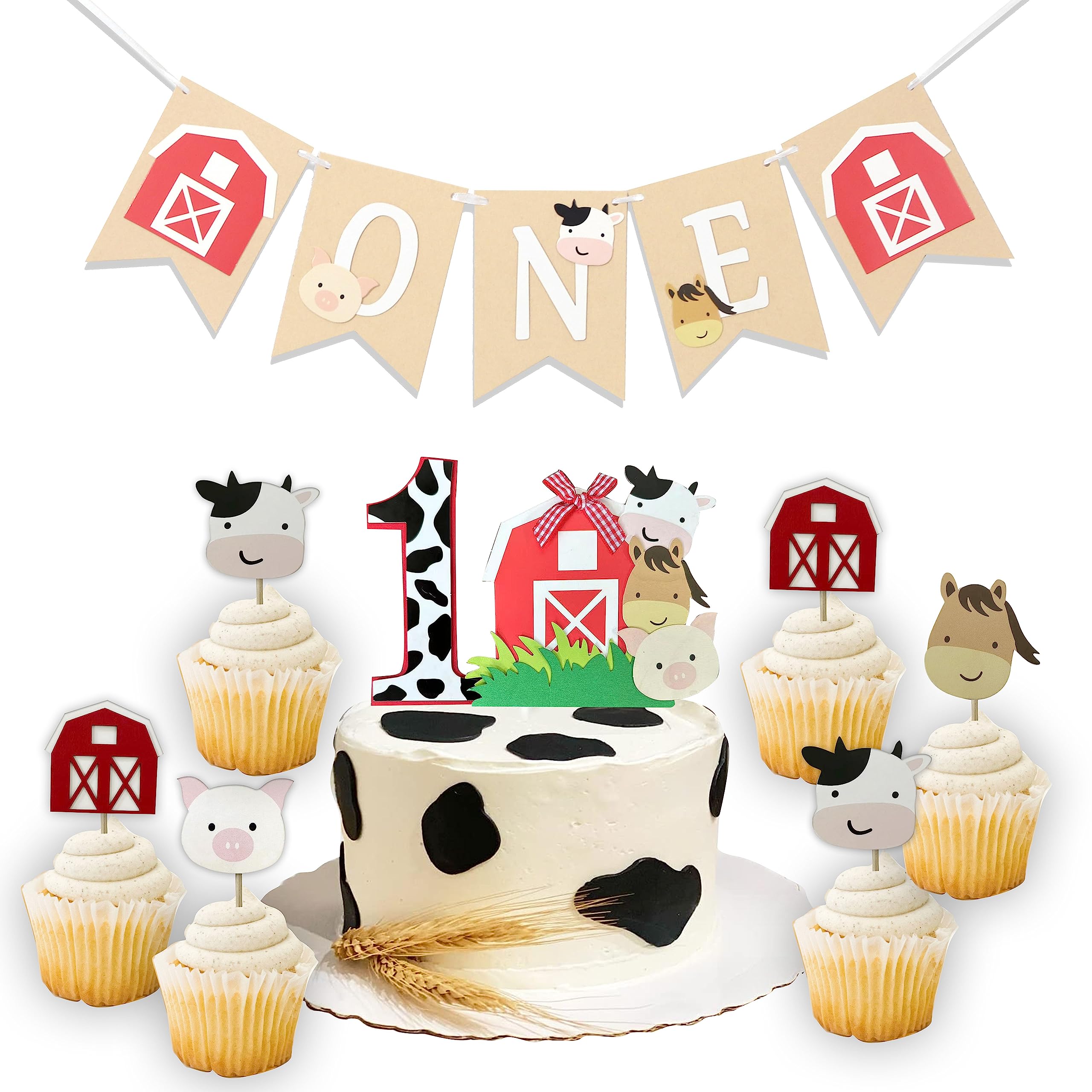 Farm Birthday Party Decoration Supplies - Cow Topper, Farm Animal Garland, Barn Backdrop Banner, 1st Birthday Cupcake Topper Set, First Farm Animal