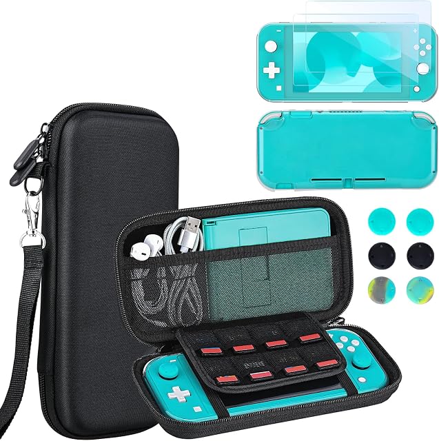 innoAura zestaw akcesoriów do NS Switch Lite, w zestawie przenośna torba do przenoszenia z 8 kartridżami do gier, przezroczysta obudowa z TPU [2 sztuki] HD hartowane ochraniacz ekranu do Switch Lite akcesoria
