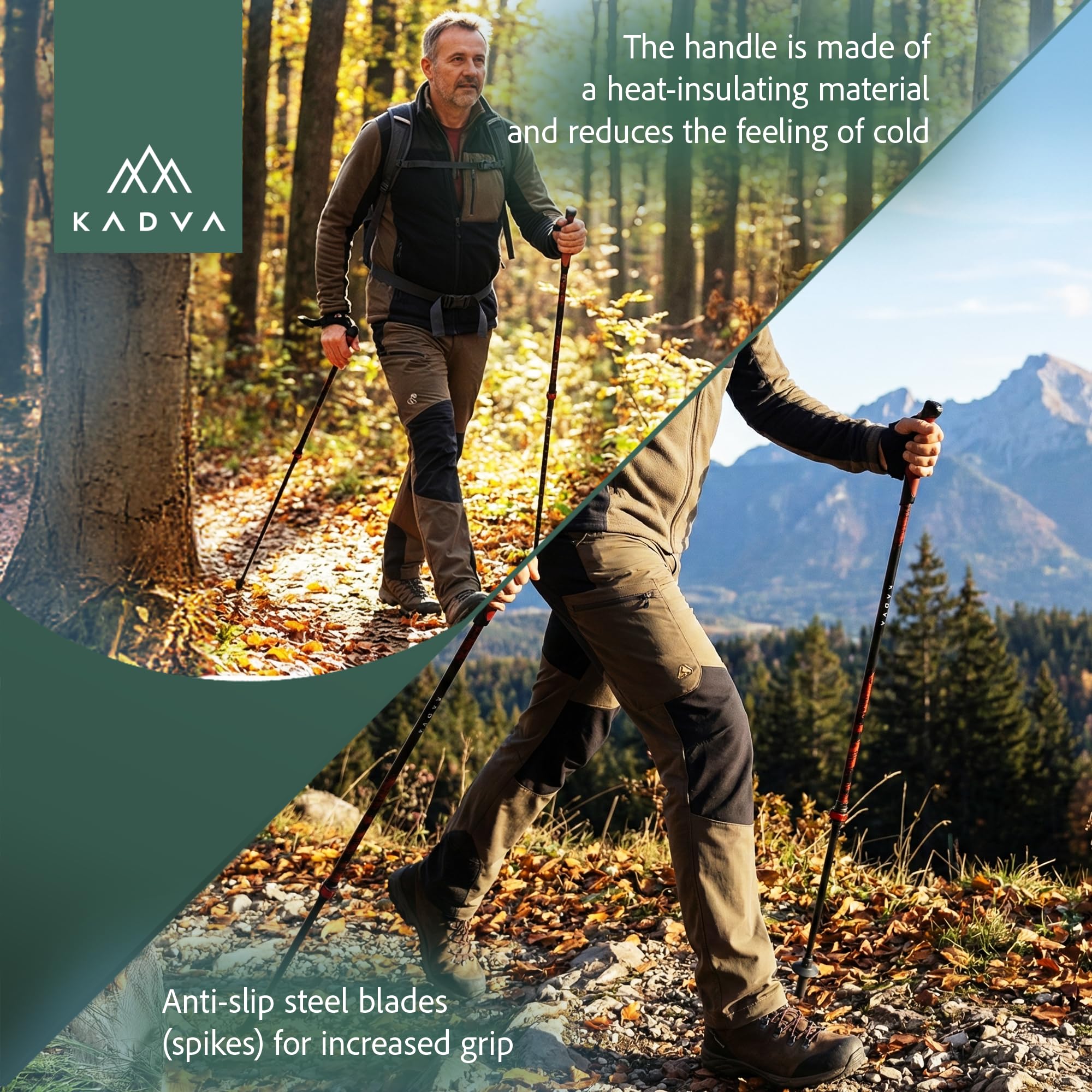 KADVA HALNA Nordic Walking Stöcke in Rot, verstellbare Größe 84-135 cm Quick Lock System für stabile und sichere Fixierung des Griffs aus strapazierfähigem PP und TPR