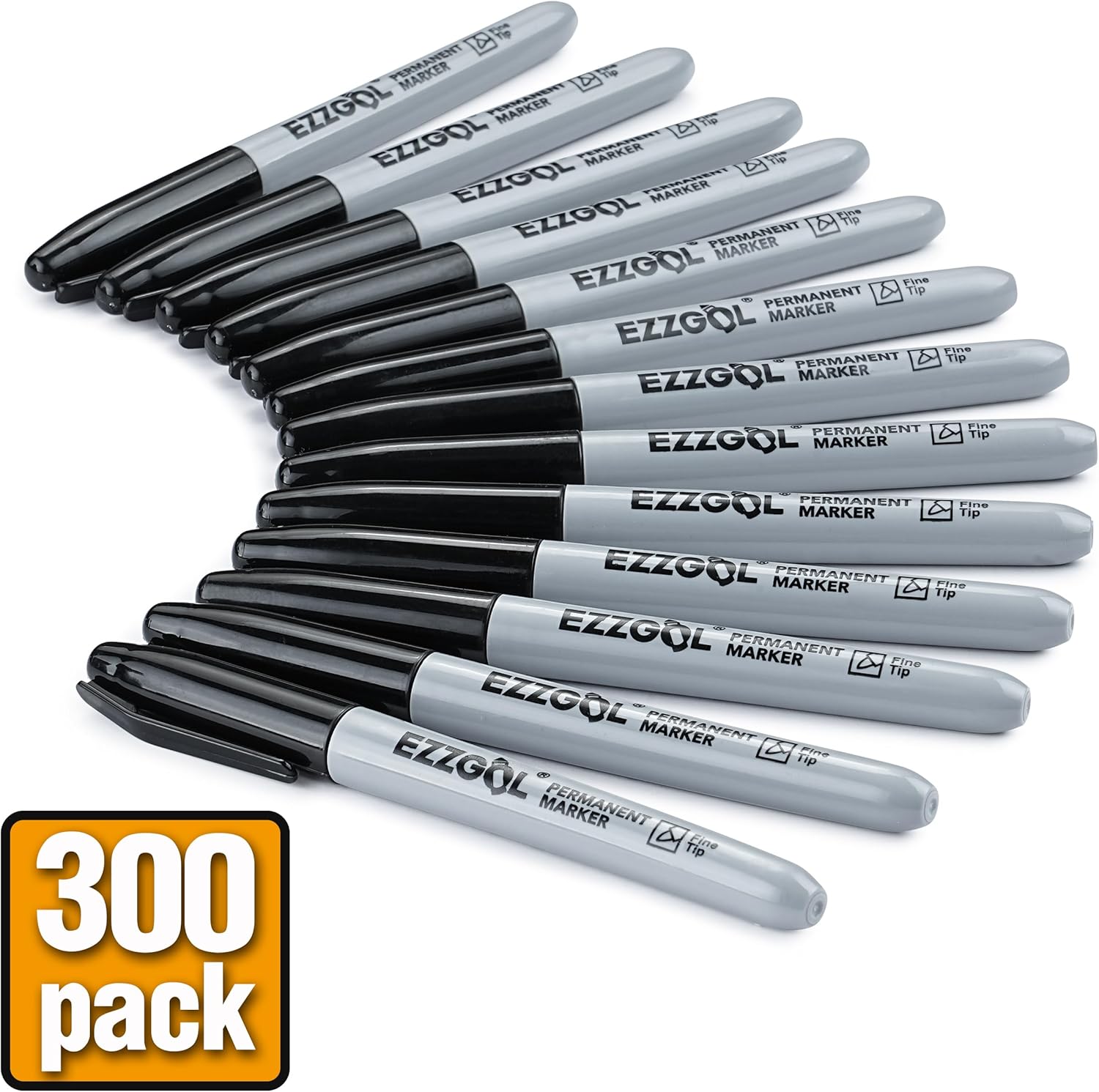 Ezzgol Permanent Markers Bulk, 300 Pack Fine Tip Black Permanent Markers, Waterproof Markers, Premium Smear Proof Pens, Quick Drying, Office Supplies for School, Office, Home