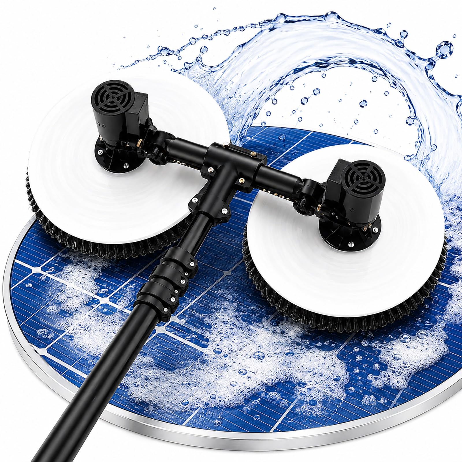 vnmudzeo Dual Head Rotating Solar Panel Cleaner – Electric PV Cleaning Brush with Nylon Bristles, Water Fed Design and Adjustable Telescopic Pole Options 7.5m(24.6ft)