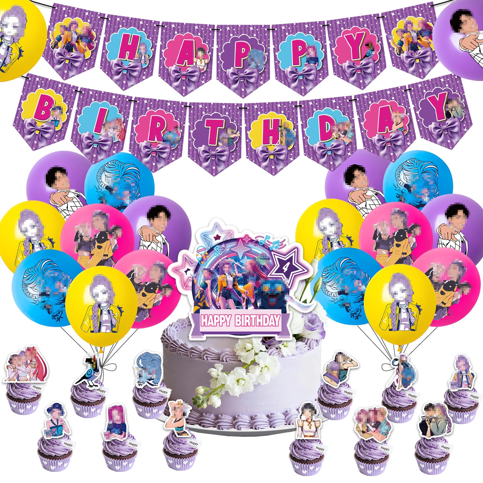 Girls Birthday Party Decorations Set, Anime K Pop Birthday Party Supplies for Womens Includes Balloons, Banner, Cake Toppers Cupcake Toppers Decoration Dem0n Hun-ters Birthday