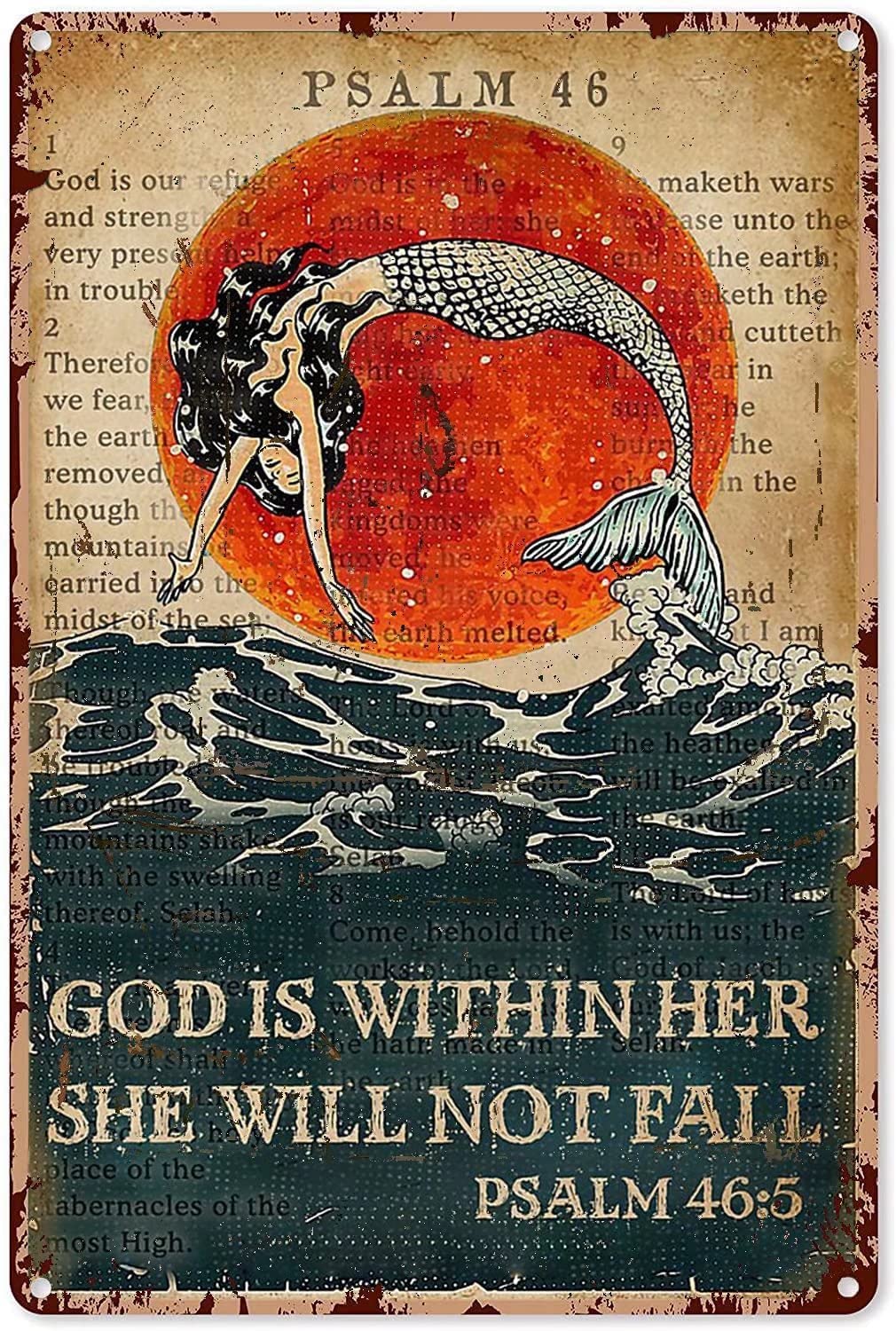 Tin Sign Mermaid Psalm Wall Retro Tin Sign,Bathroom Decoration for Bars,Restaurants,Cafes and Bars,New Year,Metal Sign 12x16 Inches