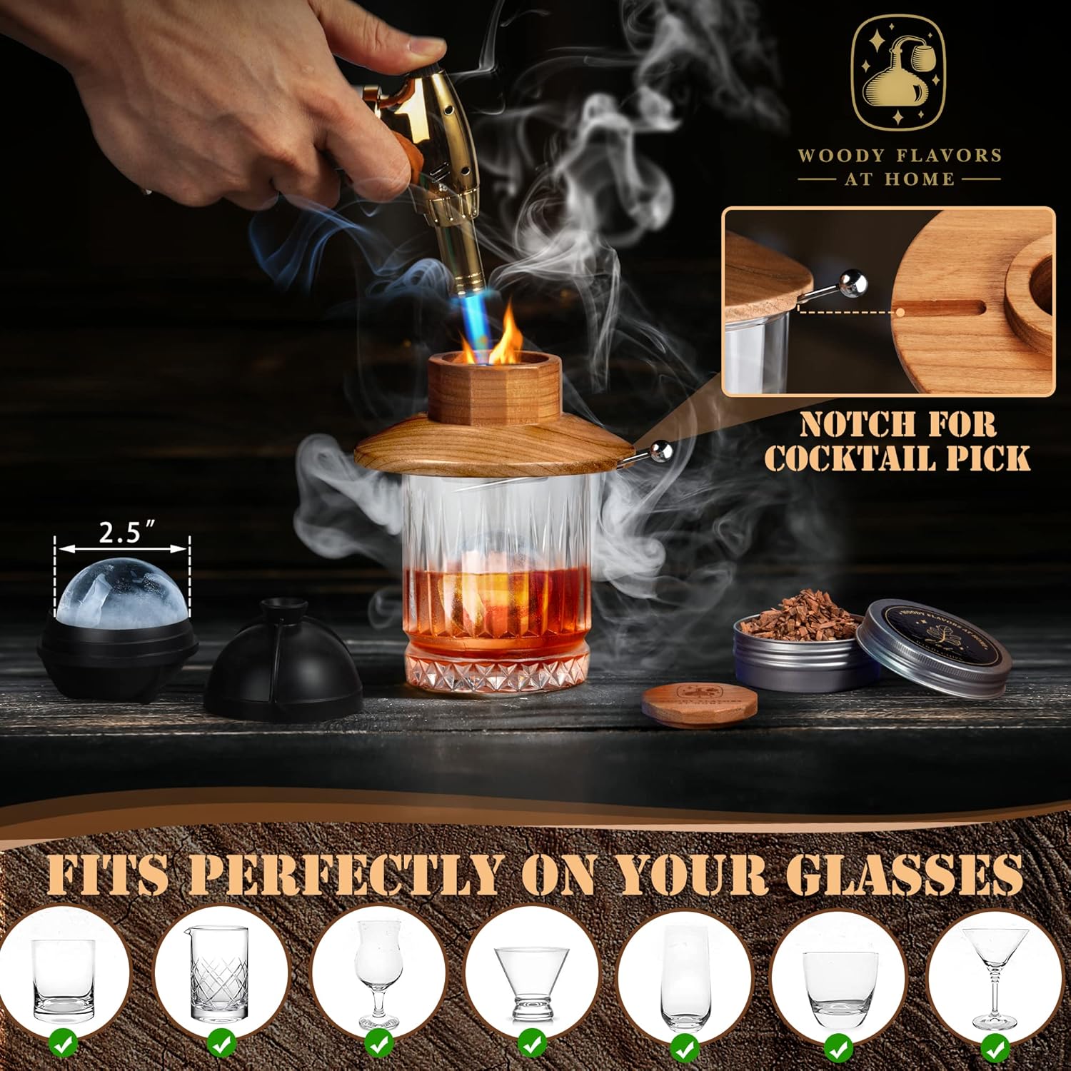Cocktail Smoker Kit – Drink Smoker Bartender Kit with Torch, Sphere Ice Molds, Aromatic Wood Chips – Professional Bourbon Smoker Kit for Cocktails, Whiskey. No Butane (STD) - Image 4