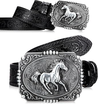 Hicarer 45 Leather Buckle Belt Classic and Retro Belts for Men Cowboy with Horse Pattern Engraved Buckle