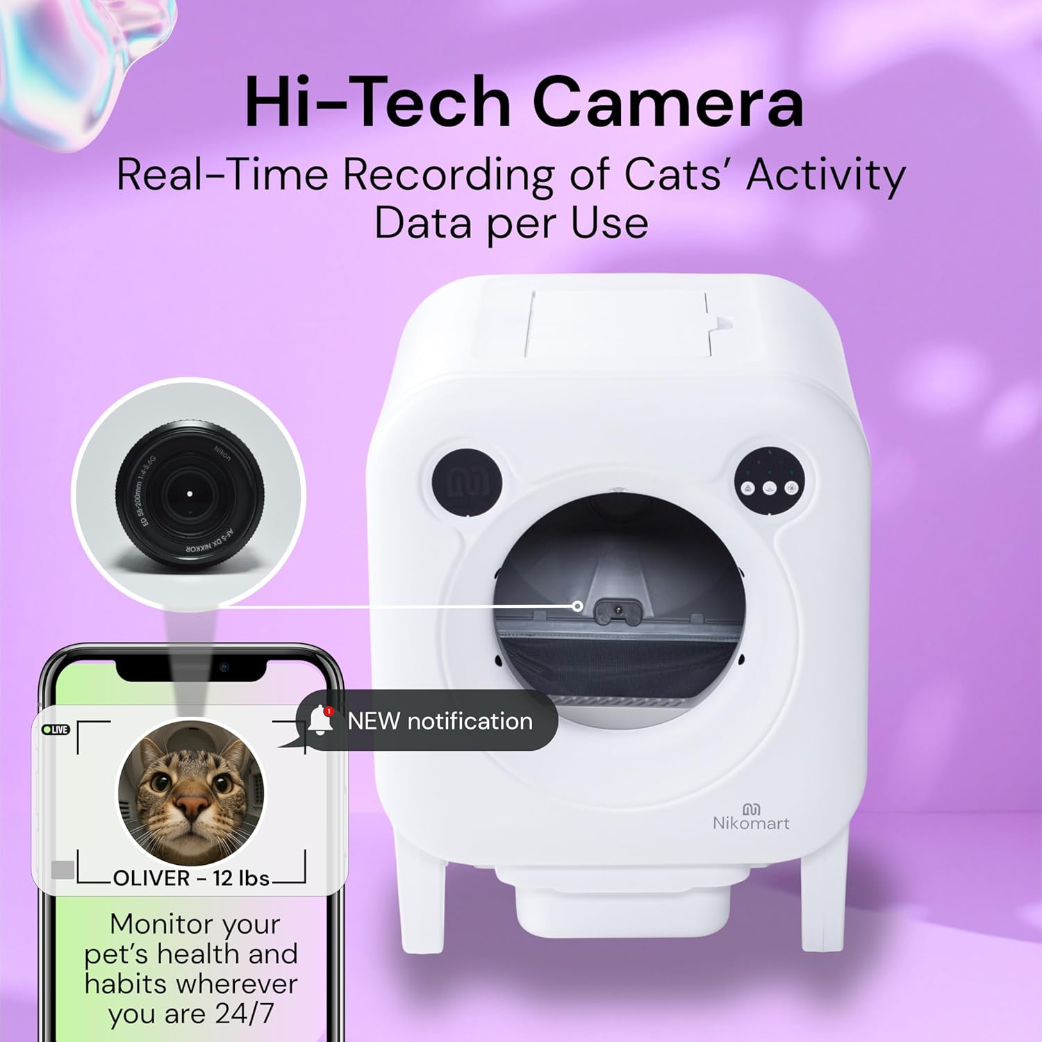 Automatic Litter Box 75L Extra Large Capacity for Multiple Cats - Self-Cleaning Litter Box with Camera, Intelligent Exhaust System, Safety Sensors and App Control for Your Smart Home