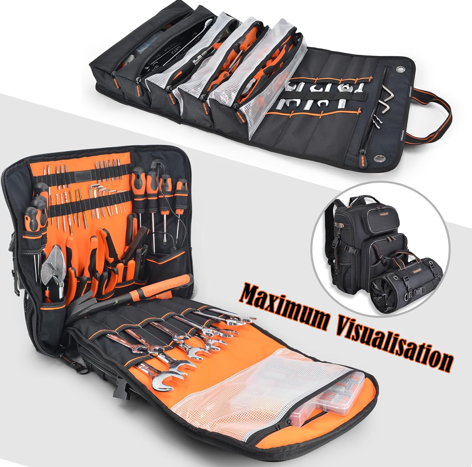 WELKINLAND Full-Open Tool Backpack and Tool Roll Bundle-Perfect Combination of Robustness