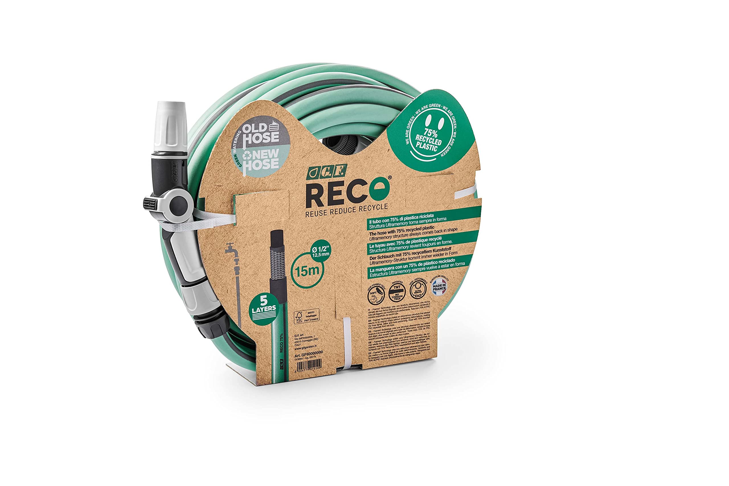 G.F. SRL Tubo RECO de 25 m de Manguera para riego Ø 5/8" de plástico Reciclado en Kit (Rueda ergonómica de 3 chorros, Accesorios, Toma de Grifo). Fabricado en Francia. Color Verde Salvia