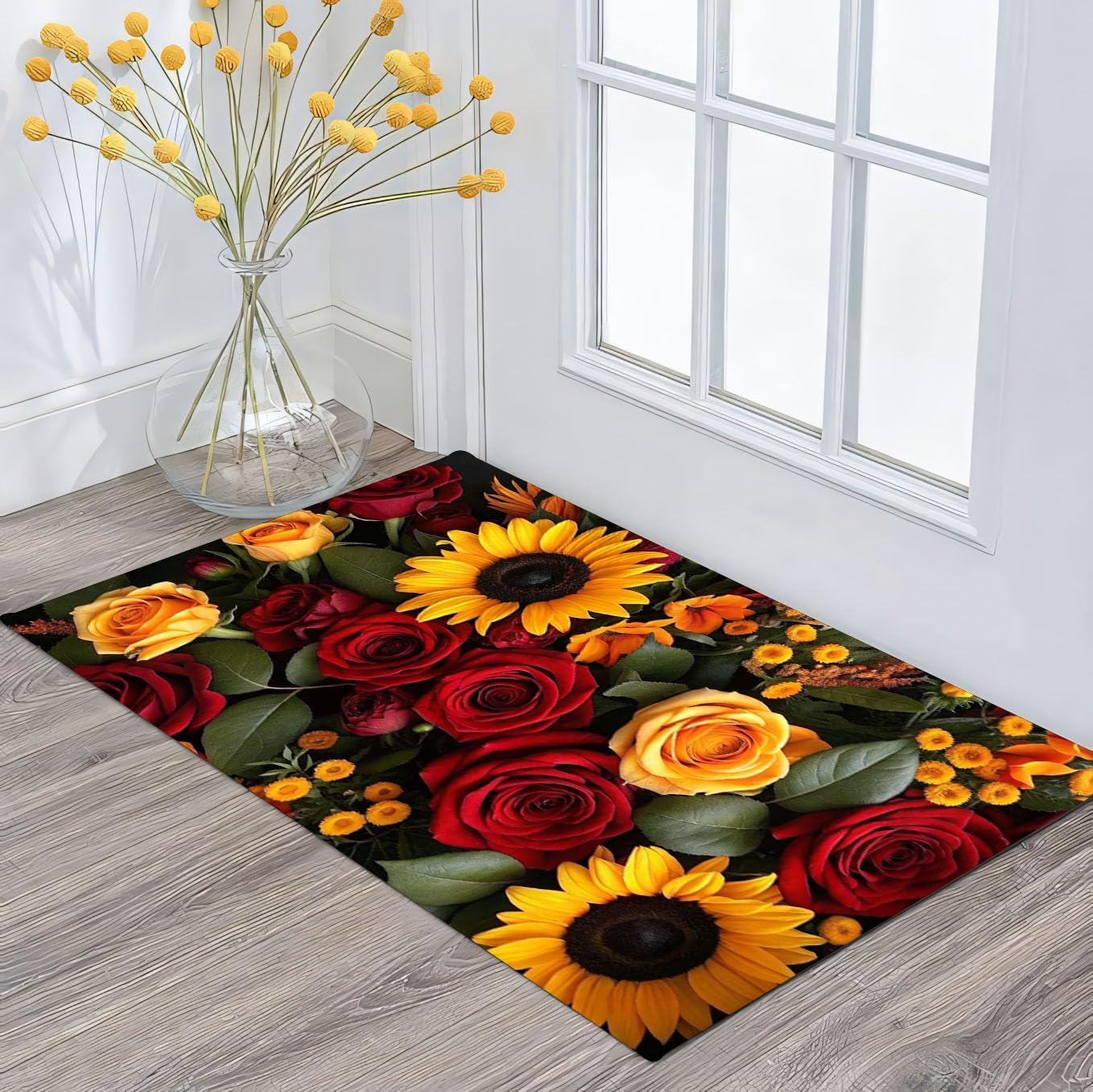 Sunflowers & Roses Area Rug - Washable Flannel Carpet with Non-Slip Backing, 24x36inch Vibrant Floral Rug for Living Room Bedroom Home Decor