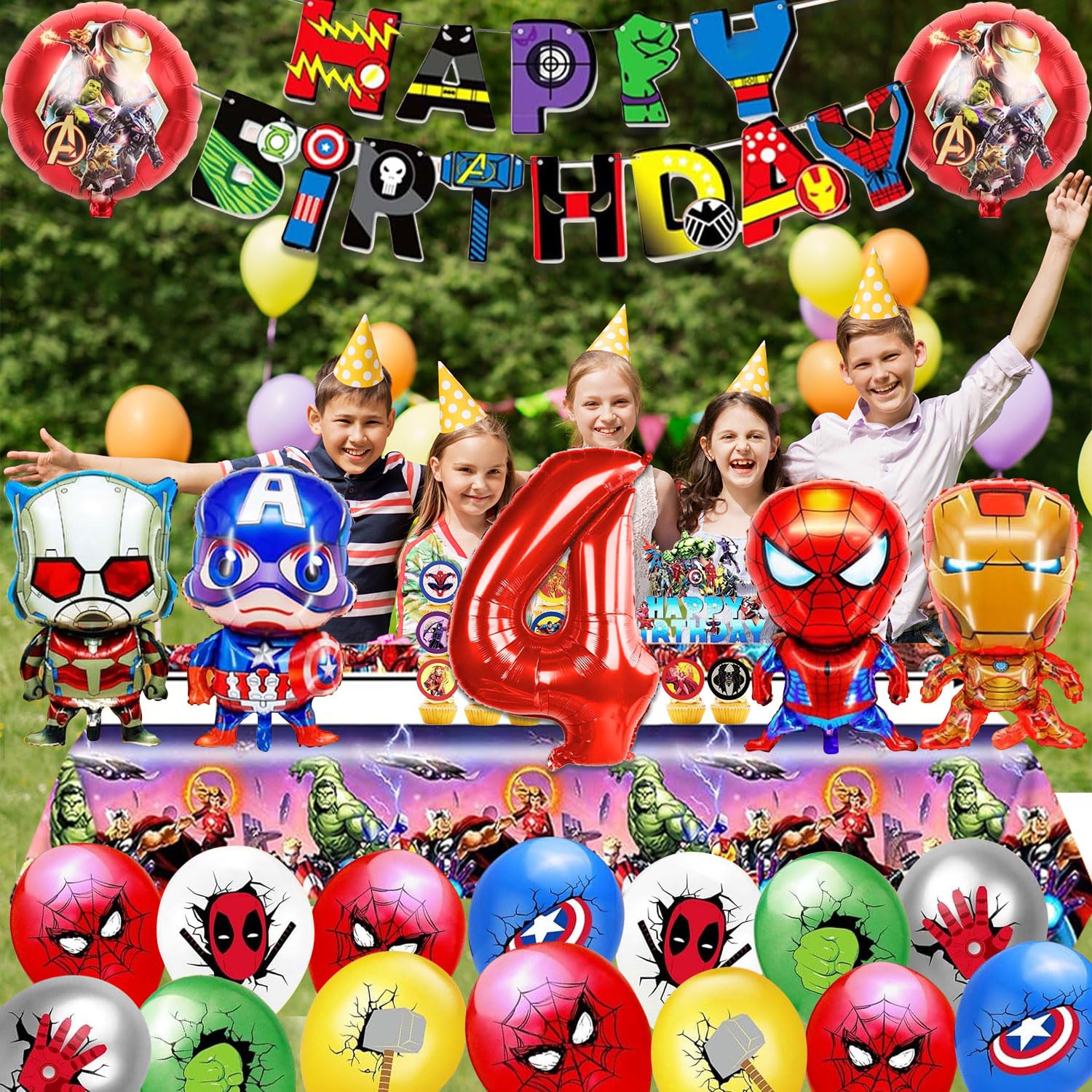 Kit Decorazione Compleanno Supereroi 4 Anni - Palloncini, Tenda, Tovaglia E Cake Topper - Foto 6