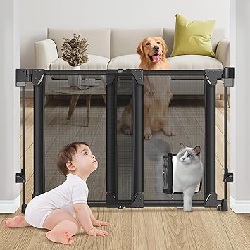 Upgraded 28-43" No Bottom Bar Baby Gate,Heavy-Duty Hardware Mount Dog Gate with Cat Door, Adjustable Baby Gate,for House/Stairs/Doorways Use, Safety Pet Gates, Walk Thru Door