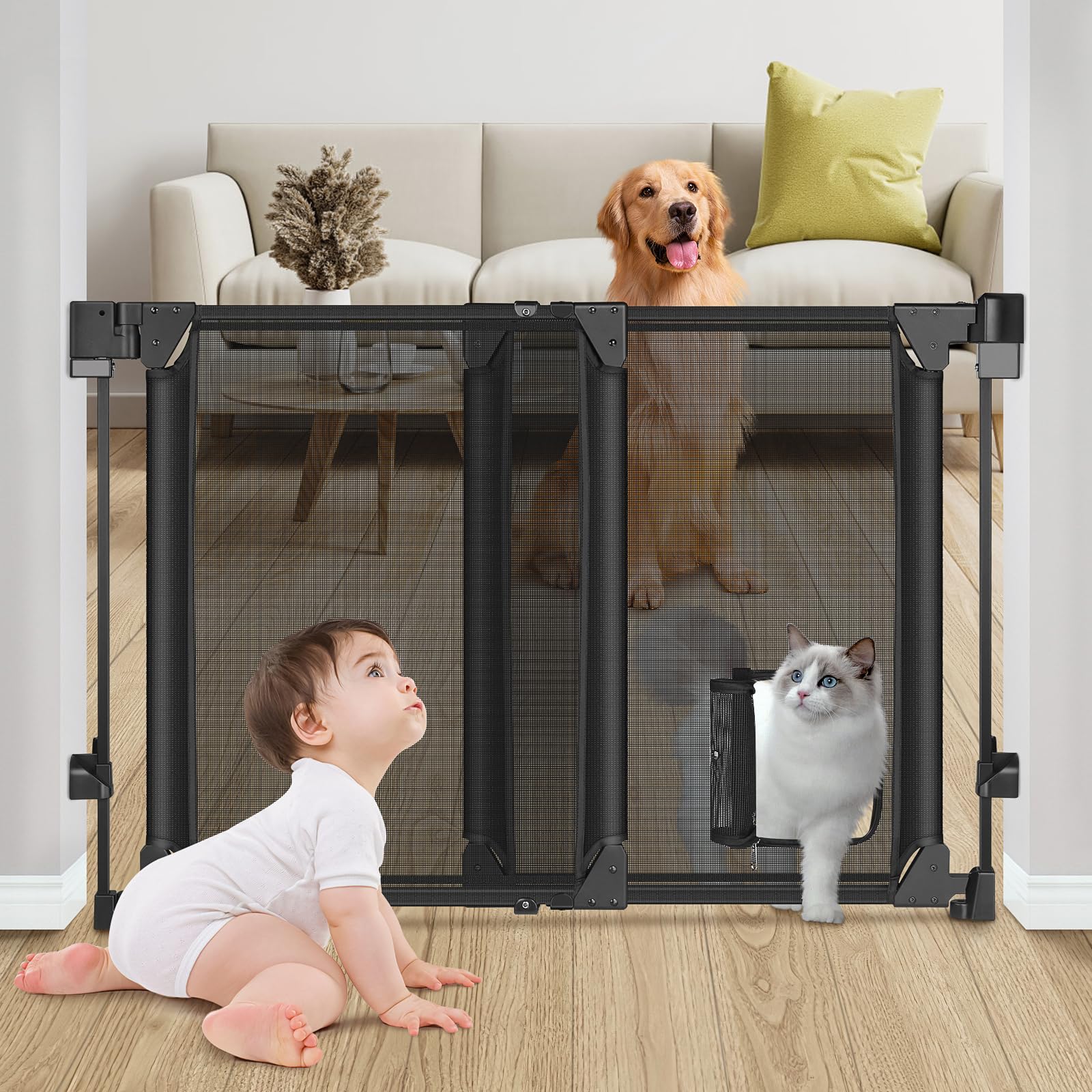 Upgraded 28-43" No Bottom Bar Baby Gate,Heavy-Duty Hardware Mount Dog Gate with Cat Door, Adjustable Baby Gate,for House/Stairs/Doorways Use, Safety