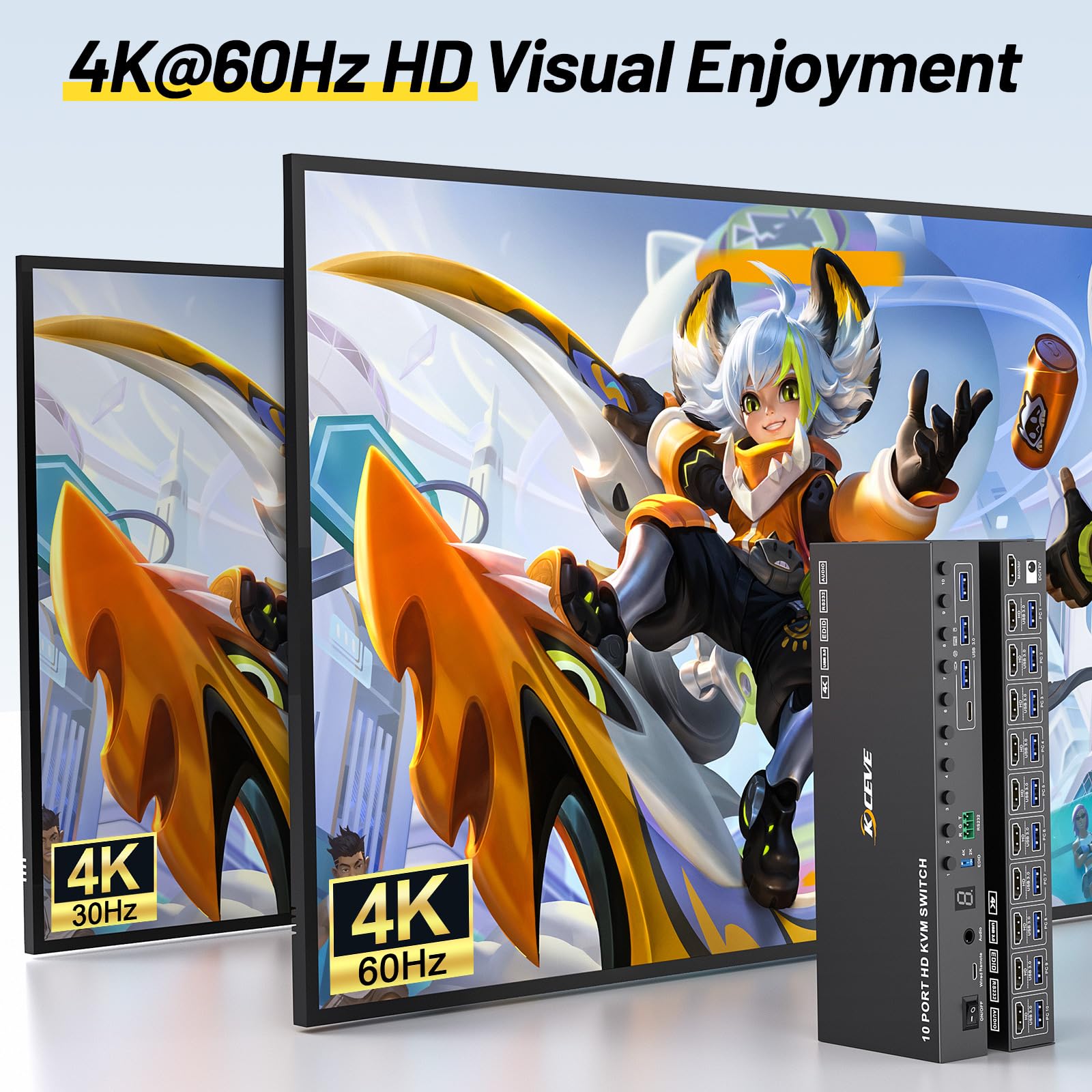 10 PC 8 PC HDMI KVM Switch 4K@60Hz EDID Analogique, 10 Port Commutateur KVM HDMI USB 3.0 pour 10 PC Partager 4 Périphériques USB et 1 Moniteur, Audio, RS232,Avec câble USB 10,Contrôleur de Bureauet
