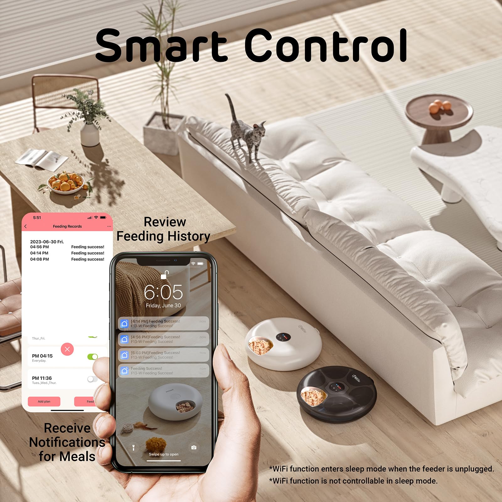 [Stainless Steel Tray Version] iPettie Donut Frost WiFi 6 Meal Automatic Wet Food Feeder with Ice Packs for Senior and Weak Pets, App Control Programmable Timer, Holds 6 x &frac12; lb. of Food, White - image 3