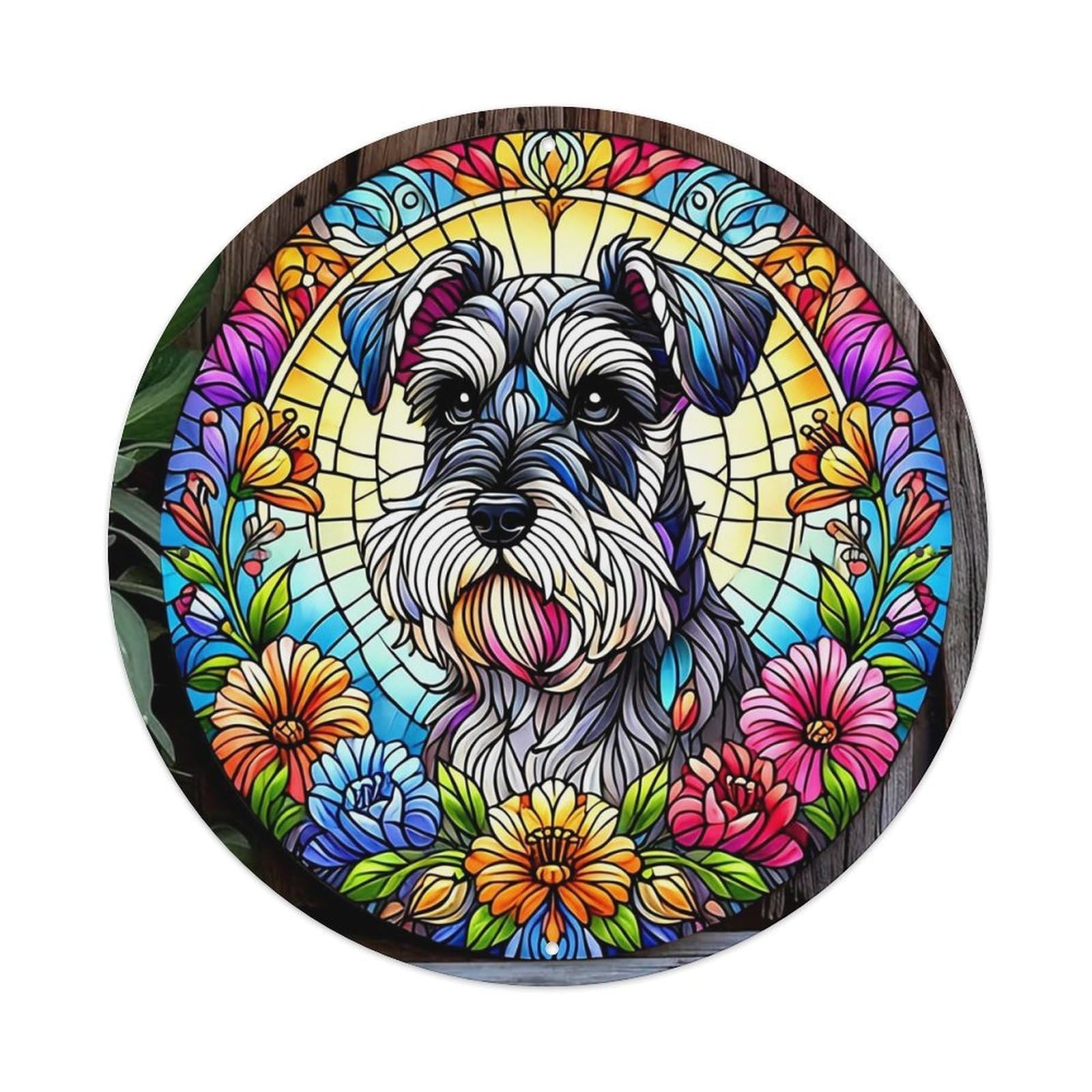 Stained Glass Schnauzer Floral Art Retro Metal Tin Sign, Vintage Metal Poster for home, Gaming Room, Studio Workshop,Bar,Garage Wall Art Decor 8x8 inch