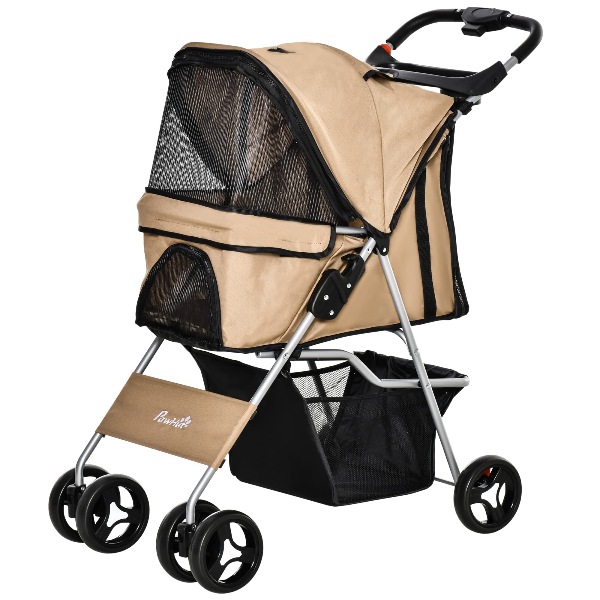 PawHut Poussette pliable chat chien XS/petits Café | Porte-gobelet, transporteur à 4 roues avec freins, roues avant pivotantes à 360°, panier de rangement