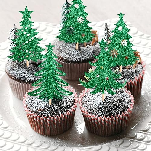 Miniatura 7 de 24 piezas de adornos para cupcakes para árbol de Navidad con estrella verde purpurina para árbol de Navidad para temática de Feliz Navidad, Año