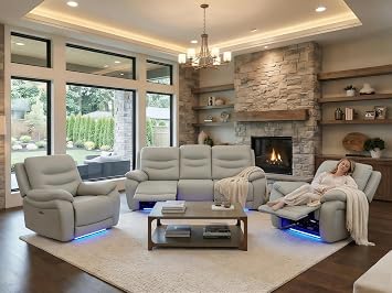 Leather Reclining Sofa Set, Leather Couch Living Room Set, Leather Living Room Furniture Set with Cup Holders, Power Recliner Sofas for Living Room/Home Theater