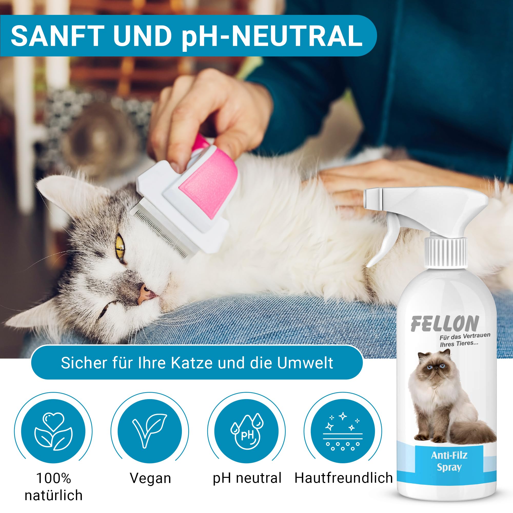 Fellon Spray anti-feutre pour chats - Spray démêlant 500 ml - pH neutre - Soin du pelage pour une brillance soyeuse et facile à démêler - Pour toutes les races de chats et les personnes allergiques