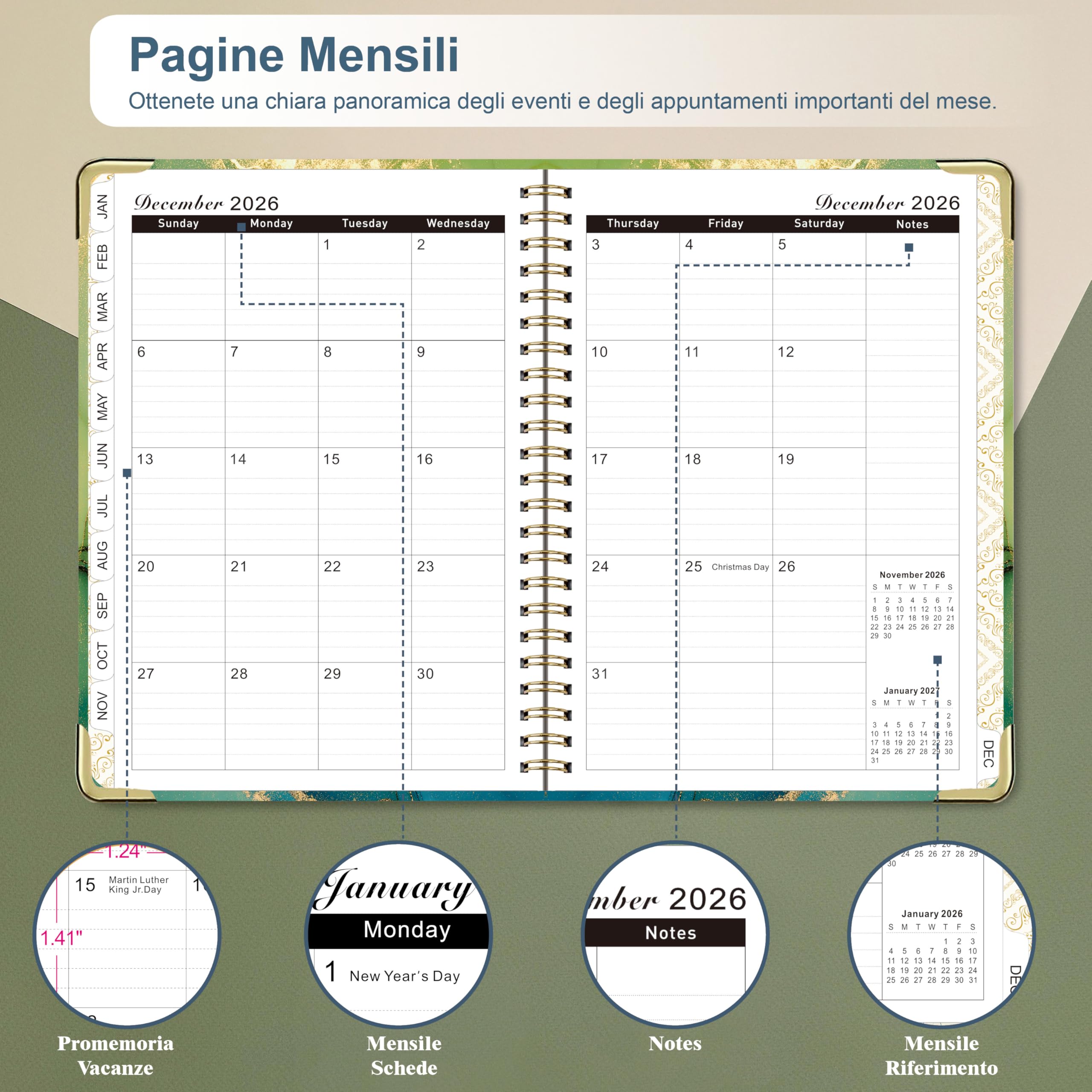 NEYSA Agenda 2026 Settimanale spirale, Diario Scuola A5 Da gennaio a dicembre 2026 (12 mesi) agenda scolastica con passante per penna, righello segnalibro e adesivi - 21,7 X 15,8 cm (Arancia)