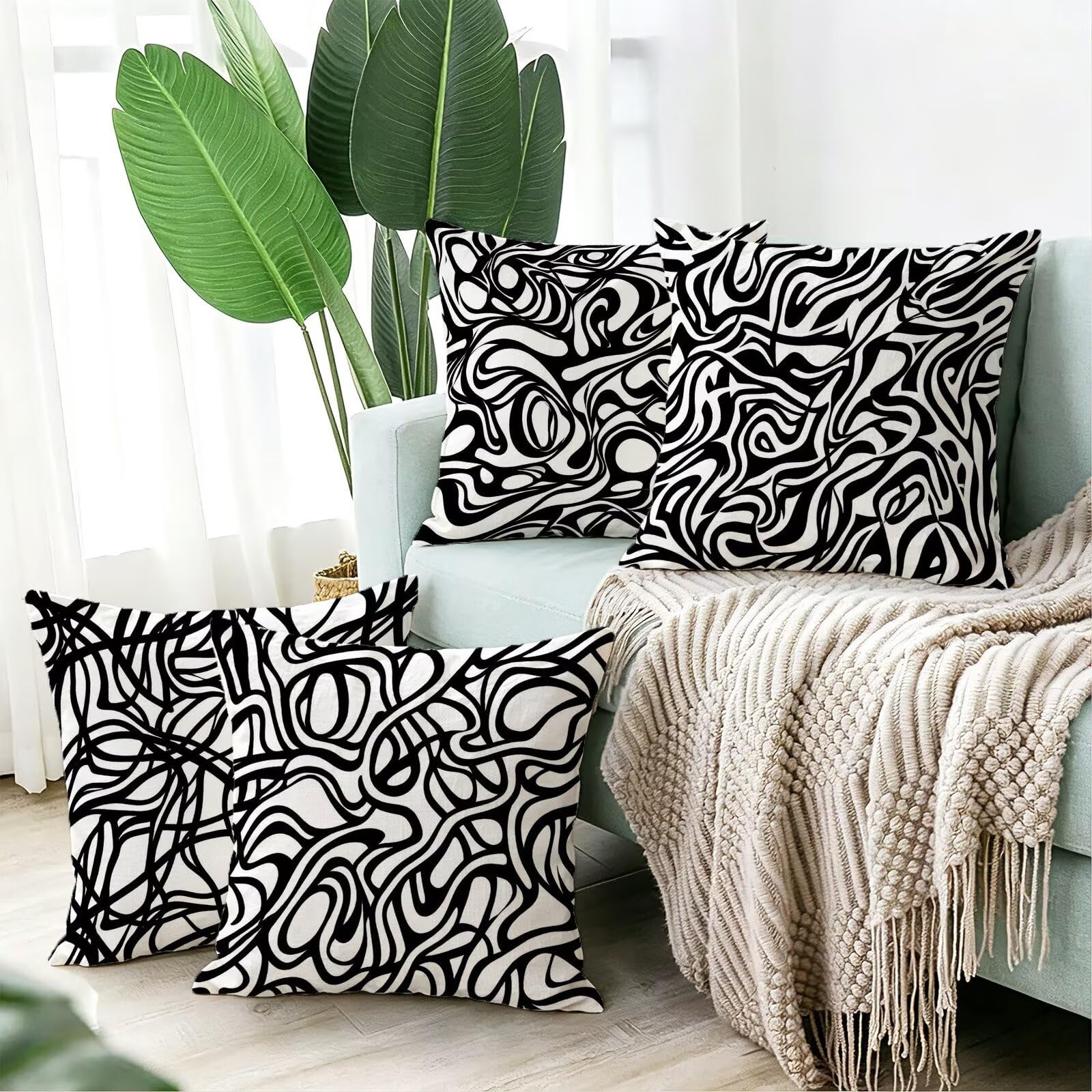 Cojines Exterior En Blanco Y Negro Funda Almohada 45x45 Juego de 4, Cod-466
