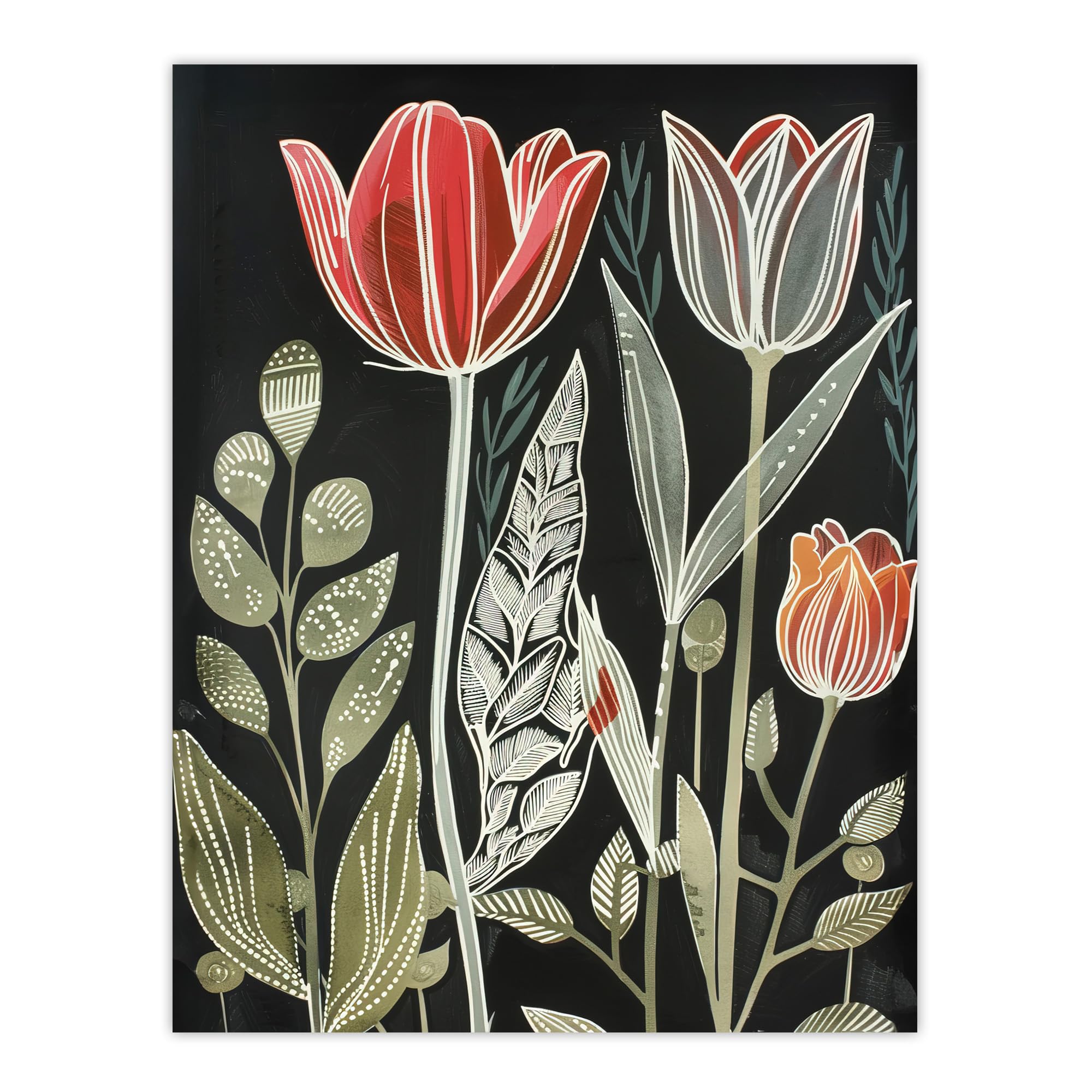 Artery8 Tulip Flower Field Red Green Grey Folk Art Floral Living Room Large Wall Art Poster Print Thick Paper 18X24 Inch