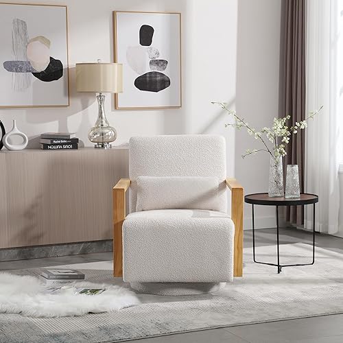 Miniatura 5 de Silla giratoria de 30.5 pulgadas de ancho con reposabrazos de madera maciza, cómoda silla de lectura, sillón lateral para hotel, dormitorio, sala de