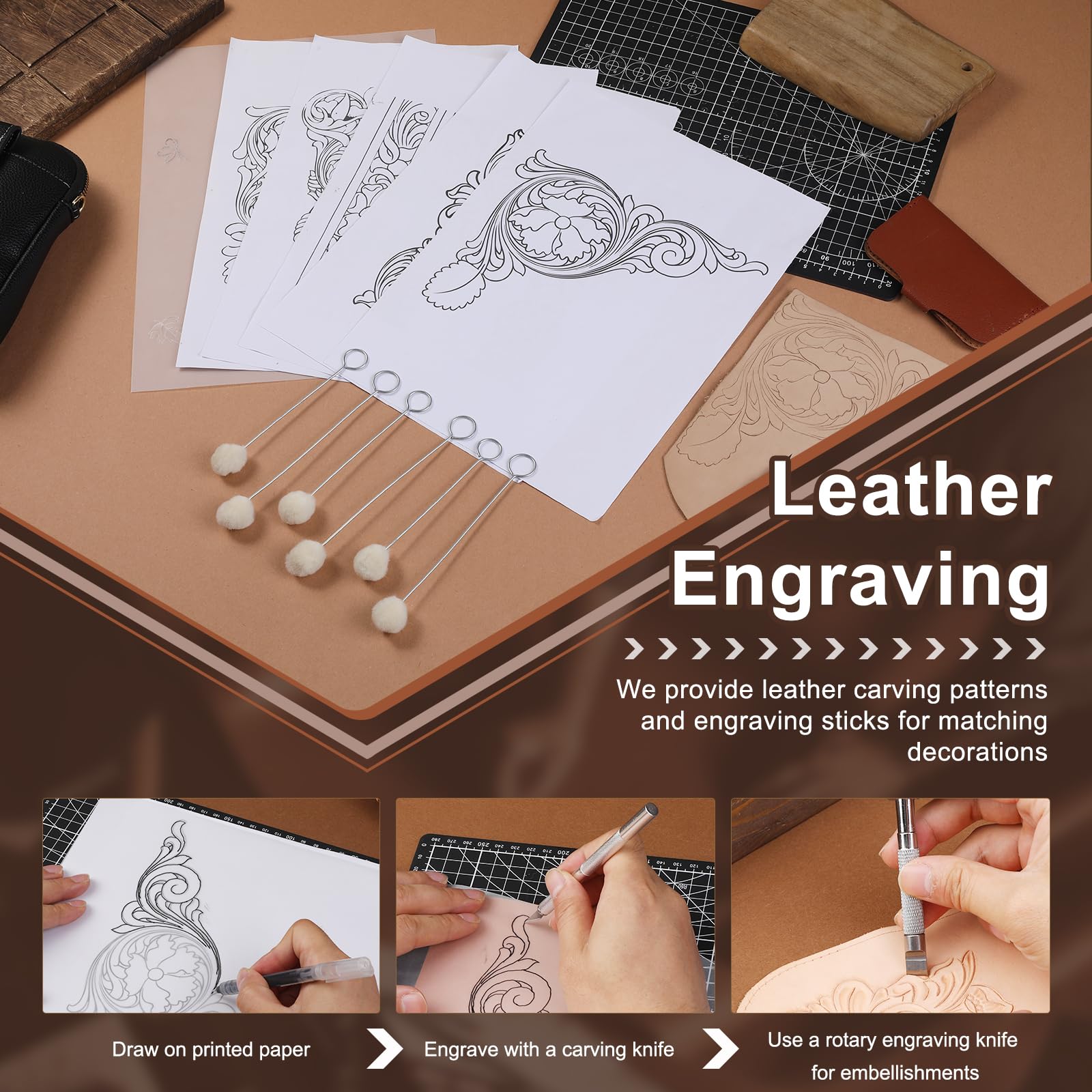 BUTUZE Lederwerkzeuge, Leder-Bastelset mit Leder-Werkzeugständer, Lederarbeitswerkzeug-Set für Erwachsene und Werkzeugbedarf zum Schnitzen, Stempeln, Gravieren, Nähen, Schneiden, Stanzen und Basteln