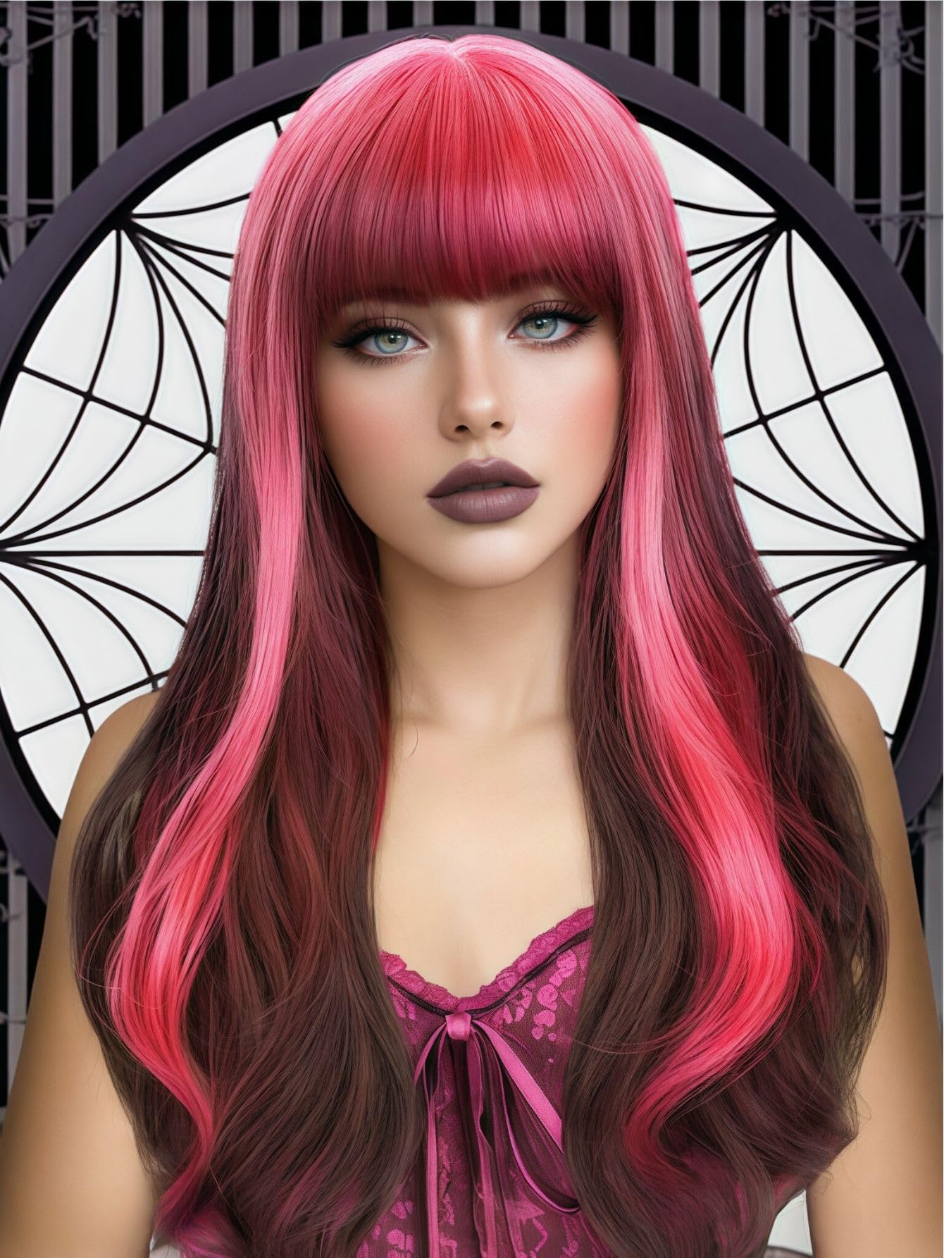 FANCEE Draculaura Neon Pink Wig with Bangs Reverse Ombre Hot Pink Long Loose Body Wavy Wig with Curtain Bangs for Women 26 Inch Highlight Root