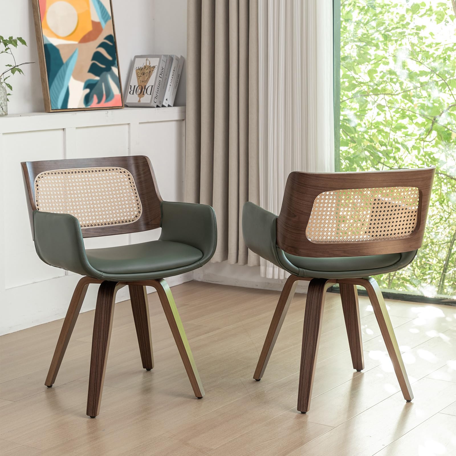 Set of 2 Dining Room Chairs with Arms - Swivel Cane Dining Chairs with Ergonomic Rattan Back, Walnut Bentwood Frame, Curved Arms, Versatile for Restaurant/Living Room/Kitchen (Walnut Green)