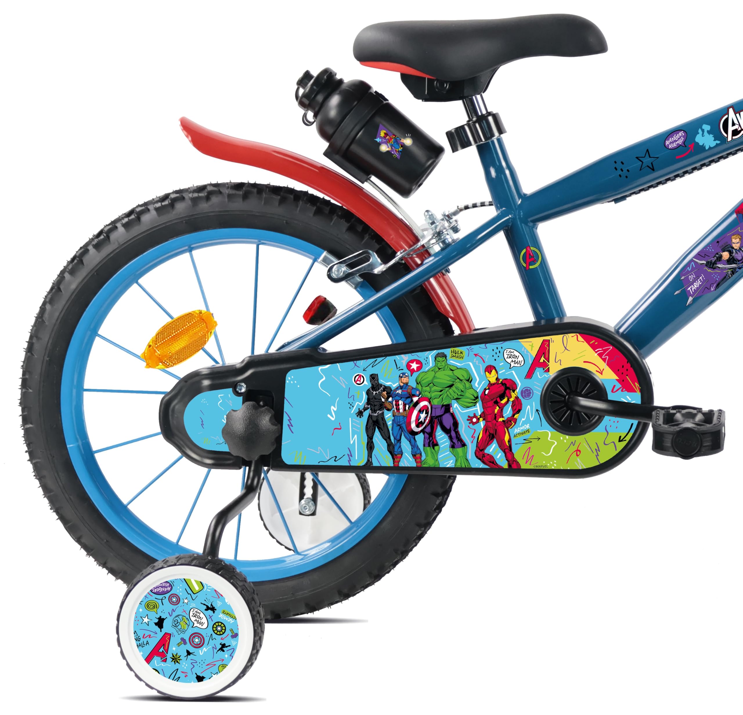 Disney Vélo 16 Pouces Avengers avec Garde-boues, Carter de Protection, Plaque Avant décorative, bidon arrière et stabilisateurs Inclus.