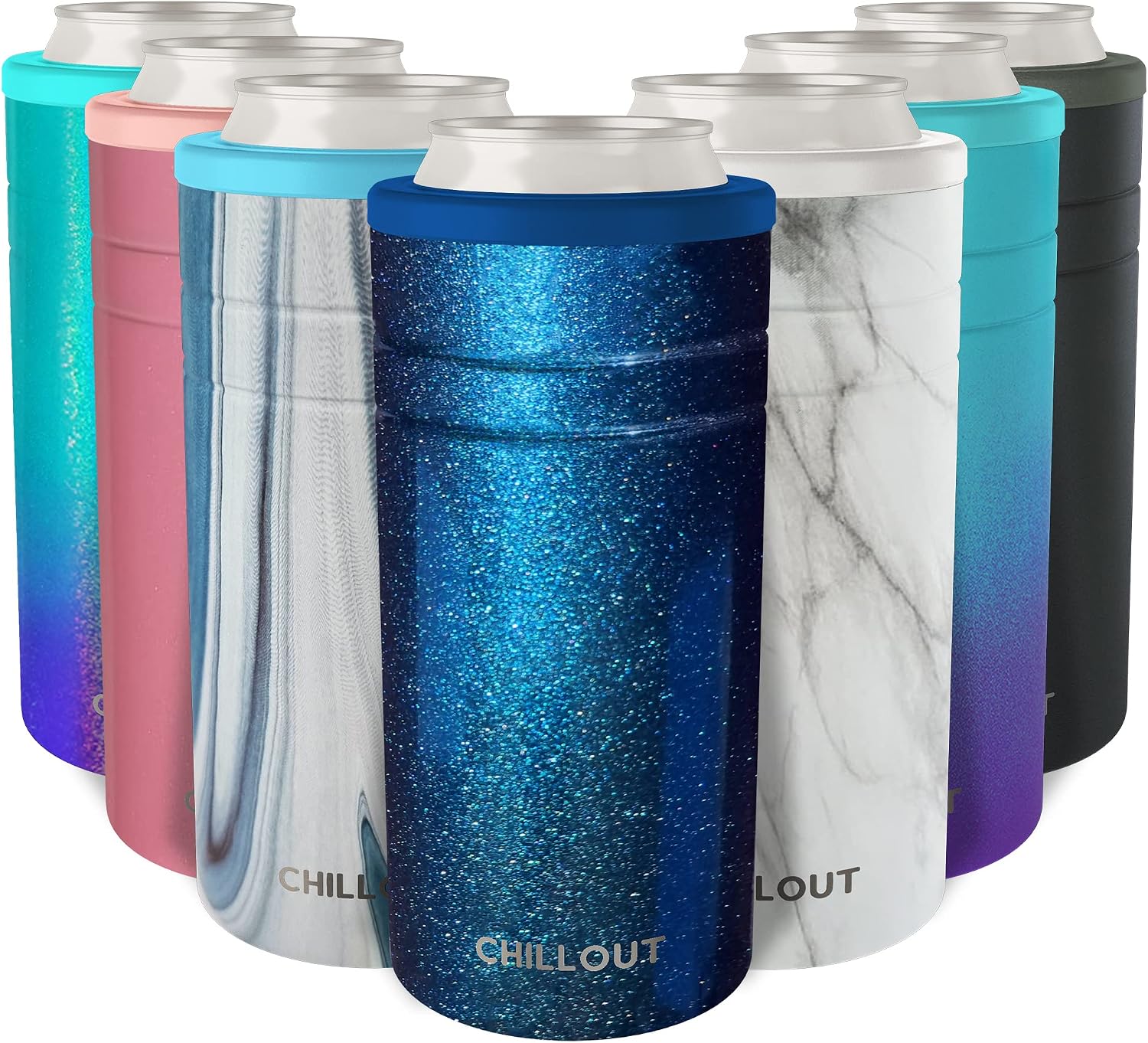 CHILLOUT LIFE Skinny Can Cooler for Slim Beer & Hard Seltzer | 12oz Stainless Steel Tall Triple Insulated Can Drink Holder, Blue Sparkle - 1 Pack