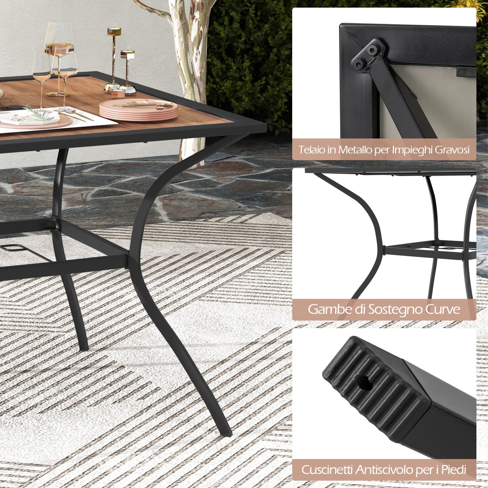 COSTWAY Tavolo da Pranzo da Giardino per 4 Persone con Foro per Ombrellone | Tavolo Quadrato da Esterno 85 cm con Piano in Legno e Telaio in Metallo, Portata 80 kg