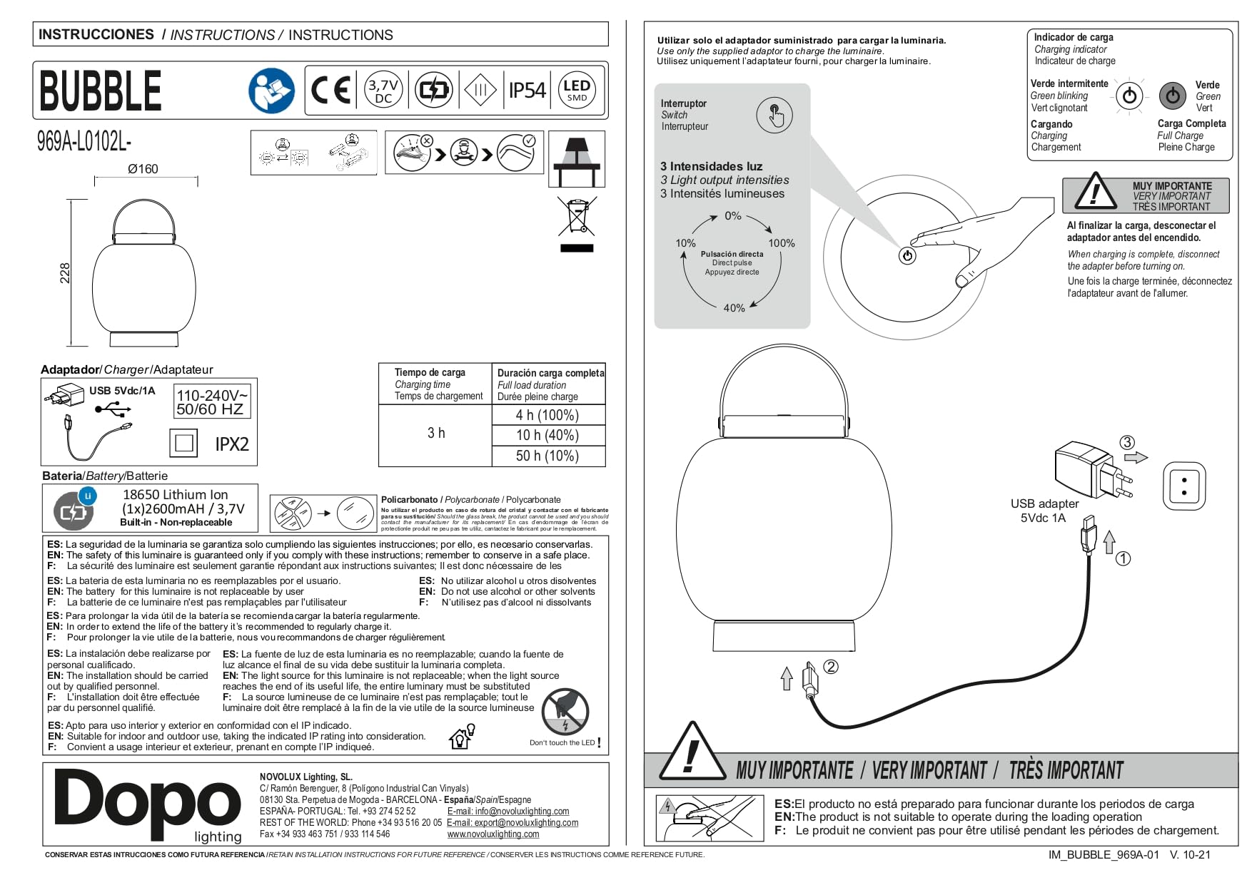 Lampada portatile BUBBLE, per interni ed esterni IP54 LED SMD 2W, ricaricabile, in alluminio, ideale per terrazze e/o balconi, residenziale o ristorazione o locale, antracite | IP54