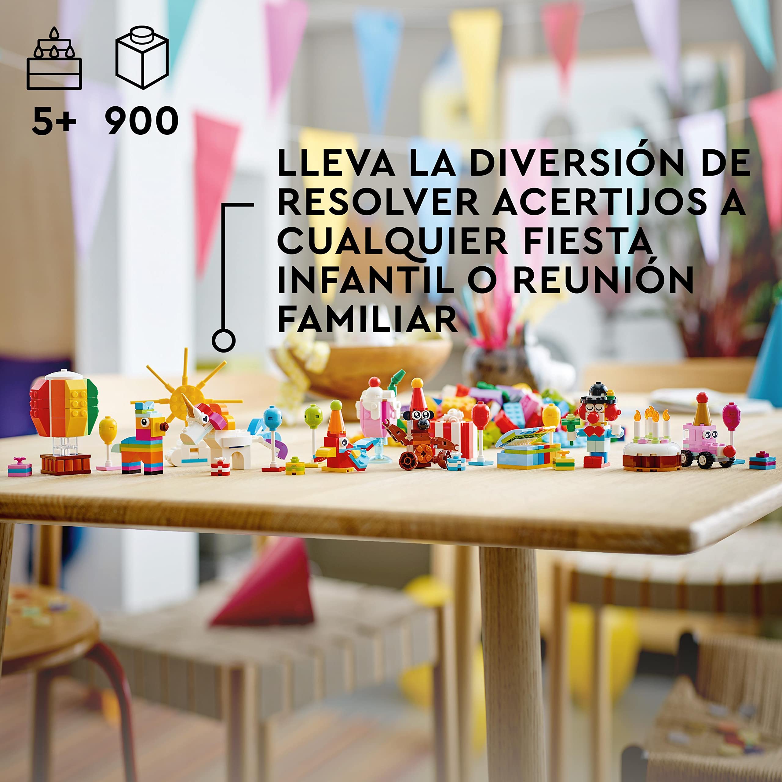 LEGO 11029 Classic Caja Creativa: Fiesta, Piezas de Juego de Mesa en Familia, Juguete para Niños y Niñas de 5 Años o Más, 12 Mini Construcciones, Coche, Osito de Peluche, Unicornio, Idea de Regalo