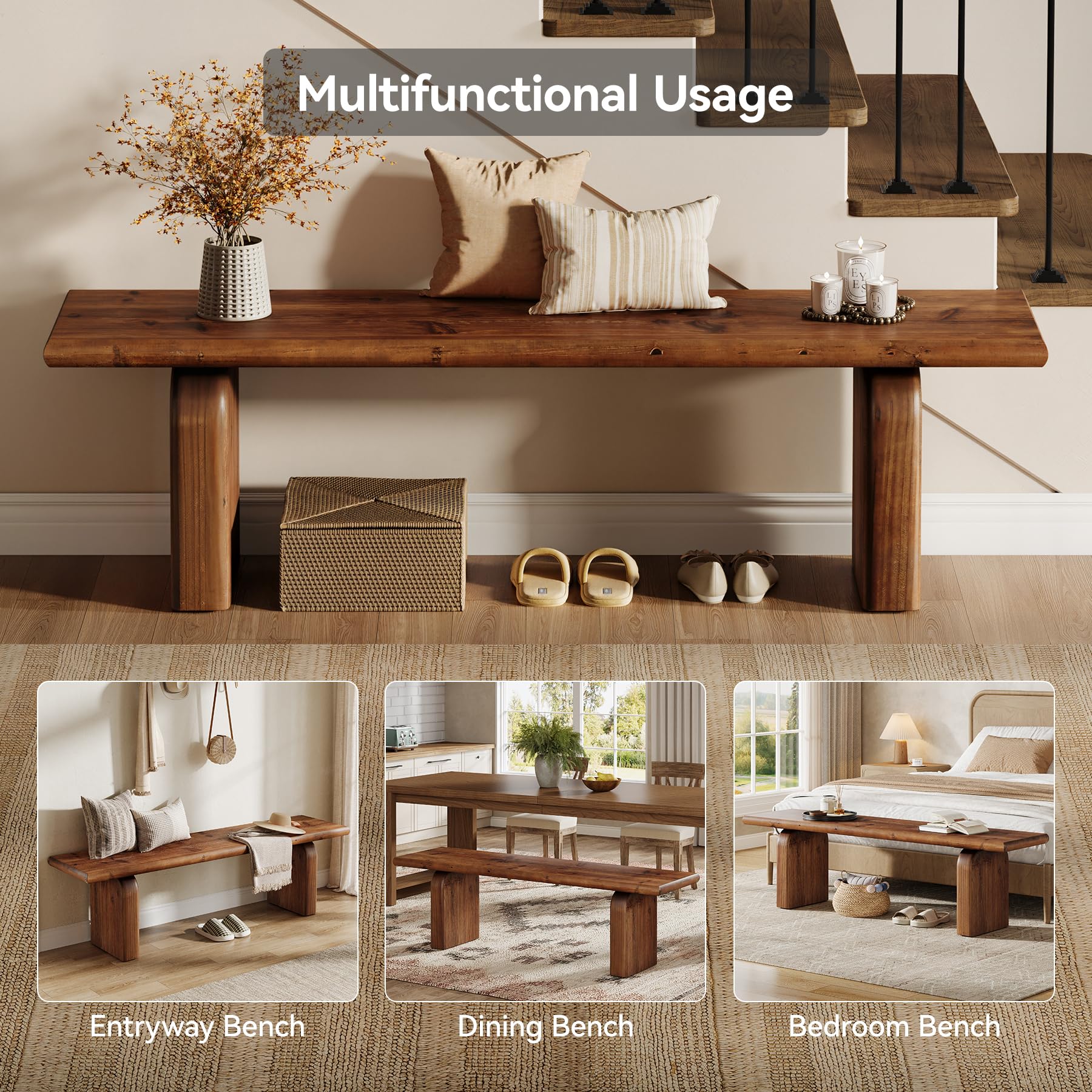 62.99" Solid Wood Entryway Bench, Indoor Wooden End of Bed Bench | Farmhouse Style, Ideal for Entryway, Hallway, Bedroom, Dining Room, Living Room, Easy Assembly, Rustic Brown